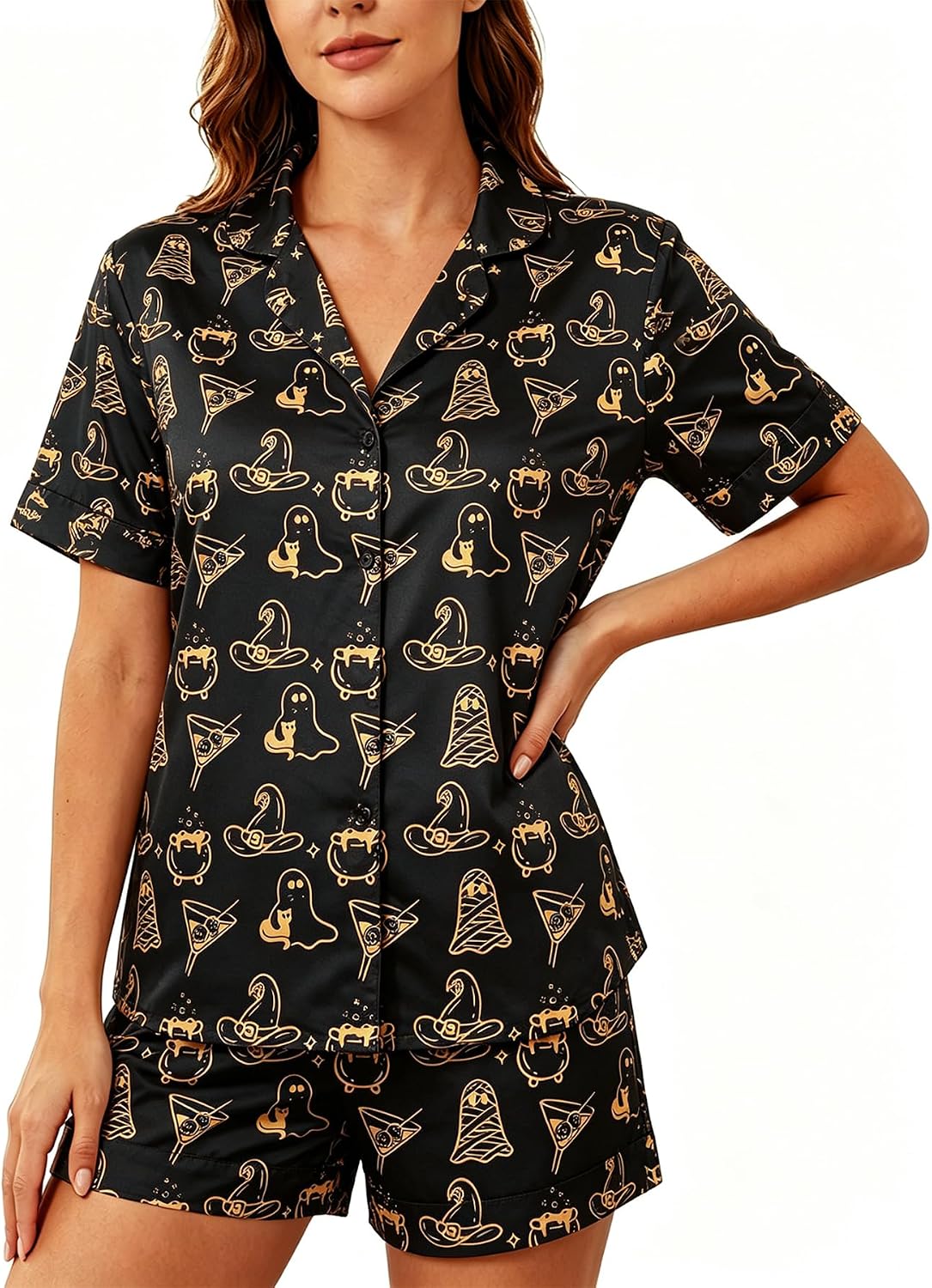 Halloween Pajamas Set Women Ghost Pumpkin Button Shirt and Short Set