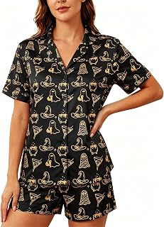 Halloween Pajamas Set Women Ghost Pumpkin Button Shirt and Short Set | Halloween pjs 2 piece short sleeve pajamas tops matching shorts sets, for Halloween parties, sleepwear, lounge, daily wear