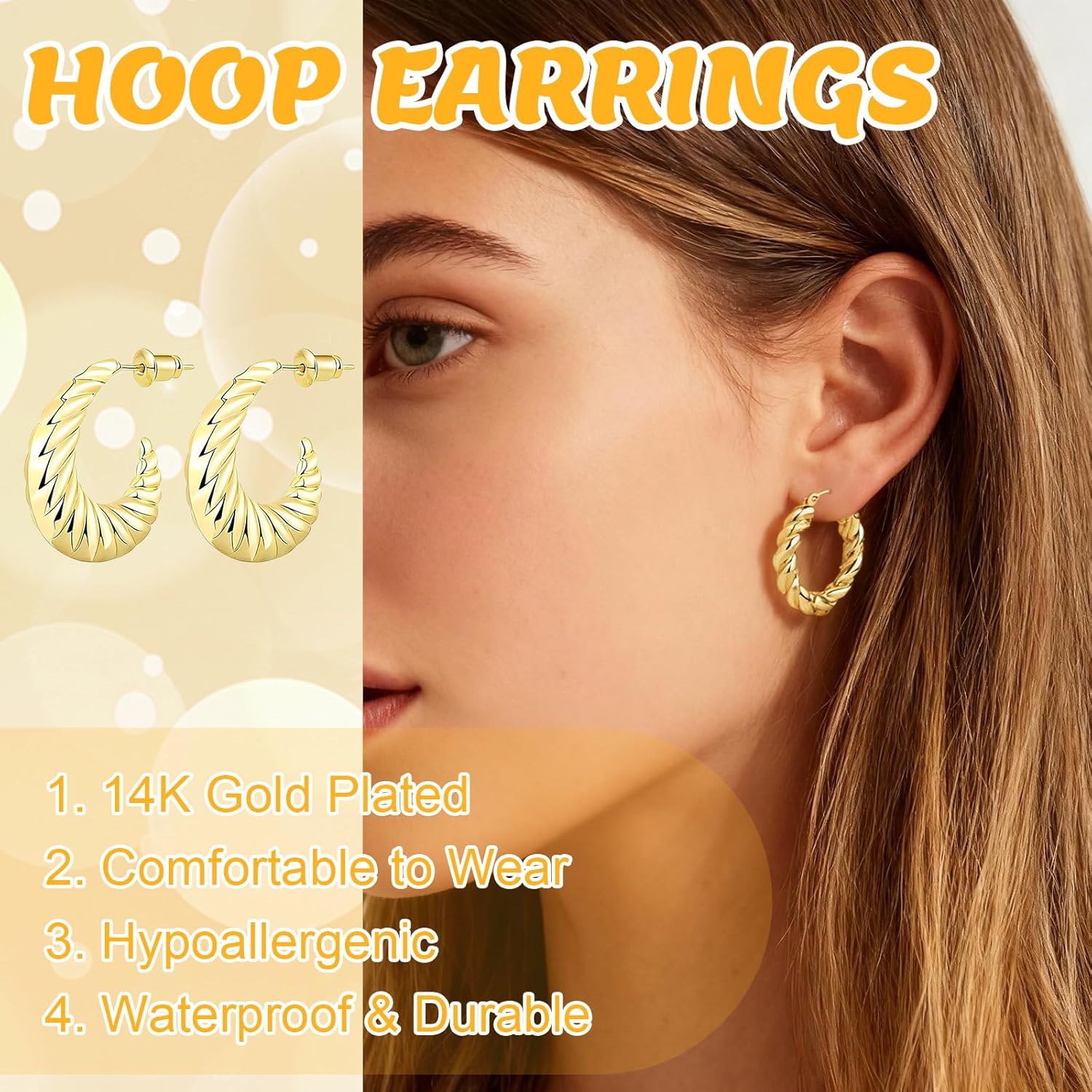 6 Pairs Gold Hoop Earrings Set with 14K Gold Plated Chunky Hoop Earrings for Women Gold Lightweight Earrings Gifts for Valentine's Day Mother's Day - Image 3