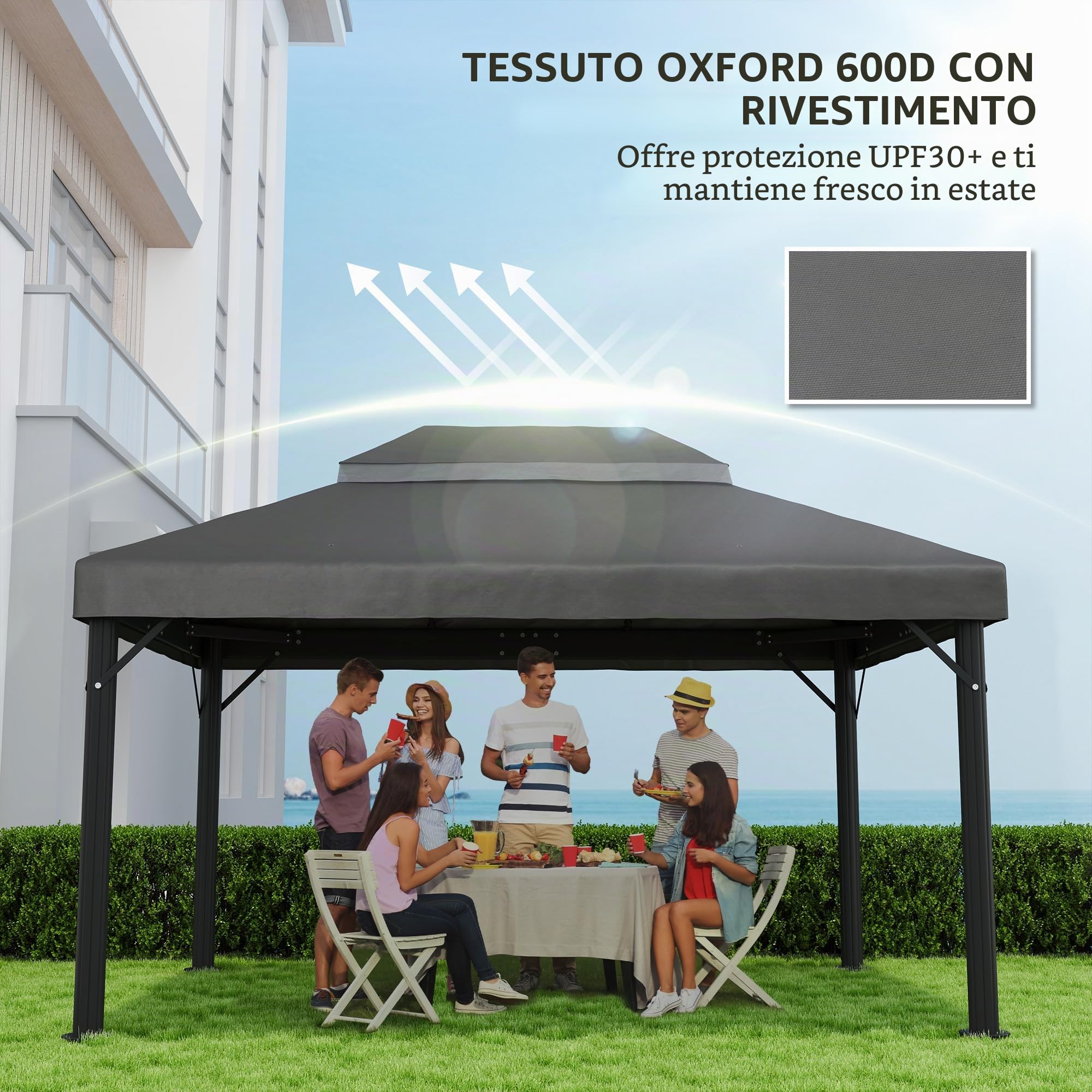 Outsunny Tessuto di ricambio per gazebo 4 x 3 m, doppio tetto con fori di drenaggio, poliestere ad alta densità 370 g/m², protezione solare UPF30+, SOLO SUPERFICIE INCLUSA, grigio scuro