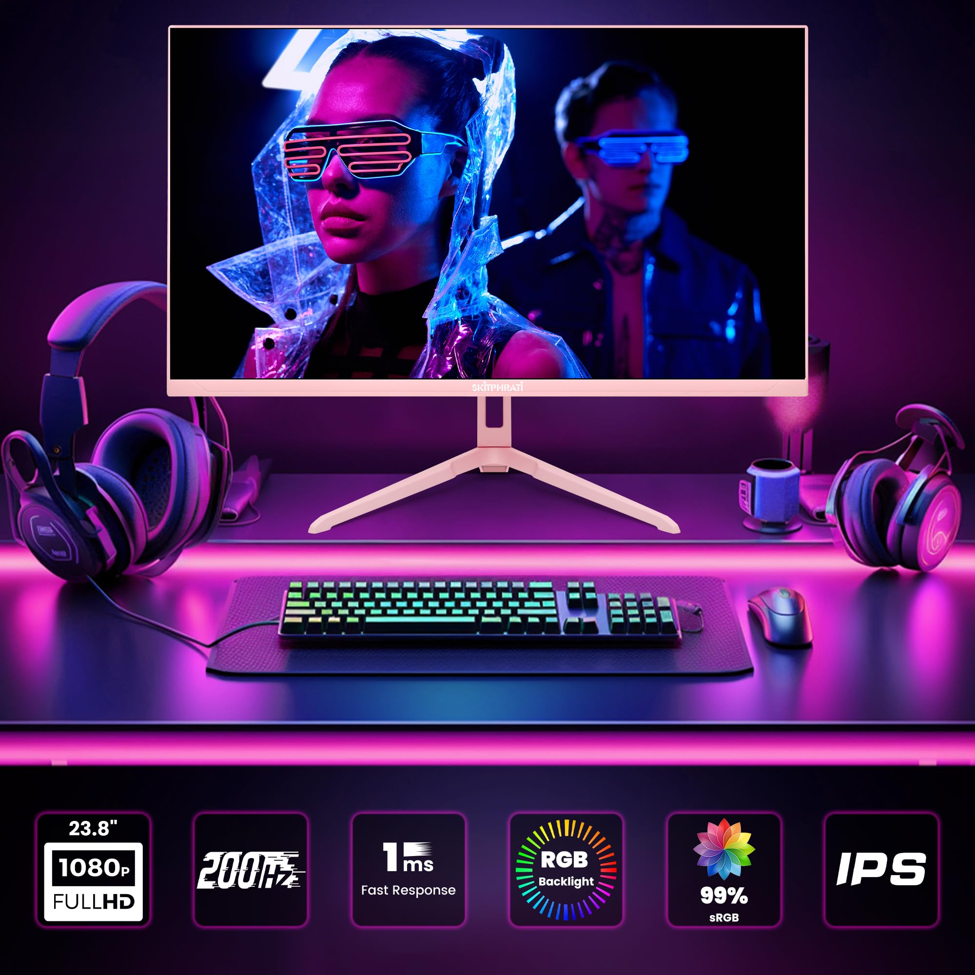 SKitphrati - Moniteur de jeu 24 pouces, taux de rafraîchissement de 200 Hz, résolution FHD 1080p, panneau IPS rapide, 1 ms, GTG, temps de réponse, synchronisation adaptative, haut-parleurs