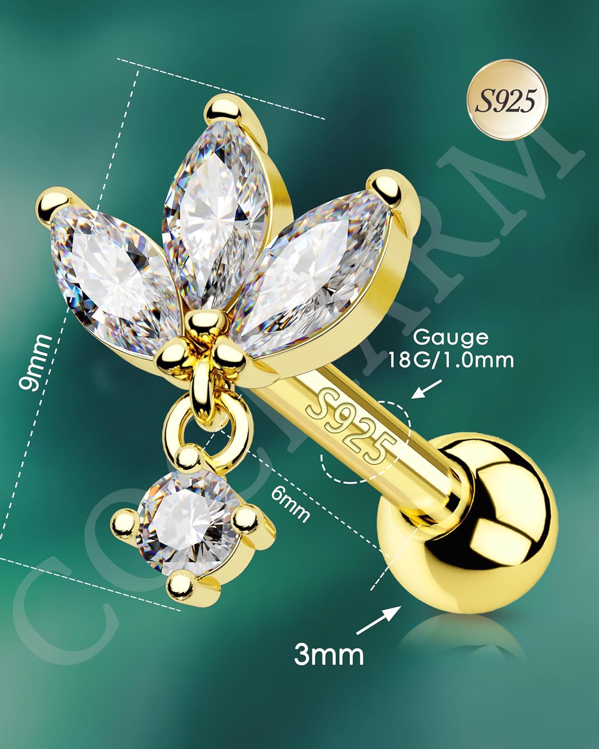 COCHARM 14K Gold Plated Helix Earrings 18g Dangle Cartilage Earrings 925 Sterling Silver Tragus Stud Forward Helix Conch Piercing Jewelry for Women Gold - Image 6