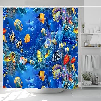 Underwater Shower Curtain Ocean Theme Tropical Fish Coral Animal Sea World Marine Life Print Pattern Kids Bathroom Curtain Set with 12 Hooks 72 x 72 inch Waterproof Fabric Boys Girls Bath Decor
