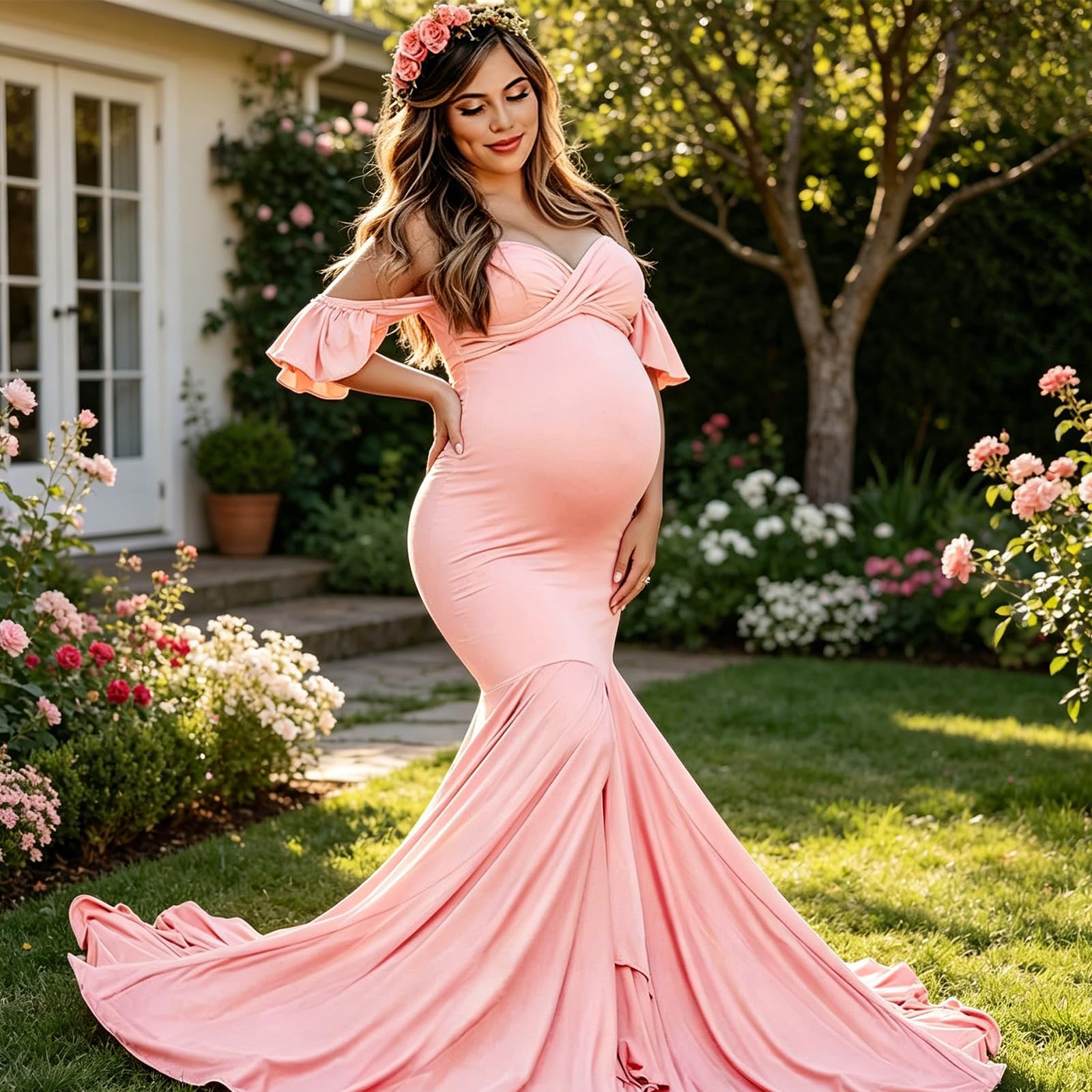 Vestido largo con cuello en V cruzado y manga con volantes para mujer, para eventos especiales y uso diario, cuello en V