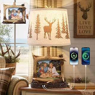 Dungoo 23" Rustic Antler Table Lamp with Picture Frame Lamp with USB-C Port | Western Cabin Deer Table Lamp with 6" x 8" Photo Frame for Living Room Bedroom, Farmhouse Nightstand Bedside Lamp, Brown