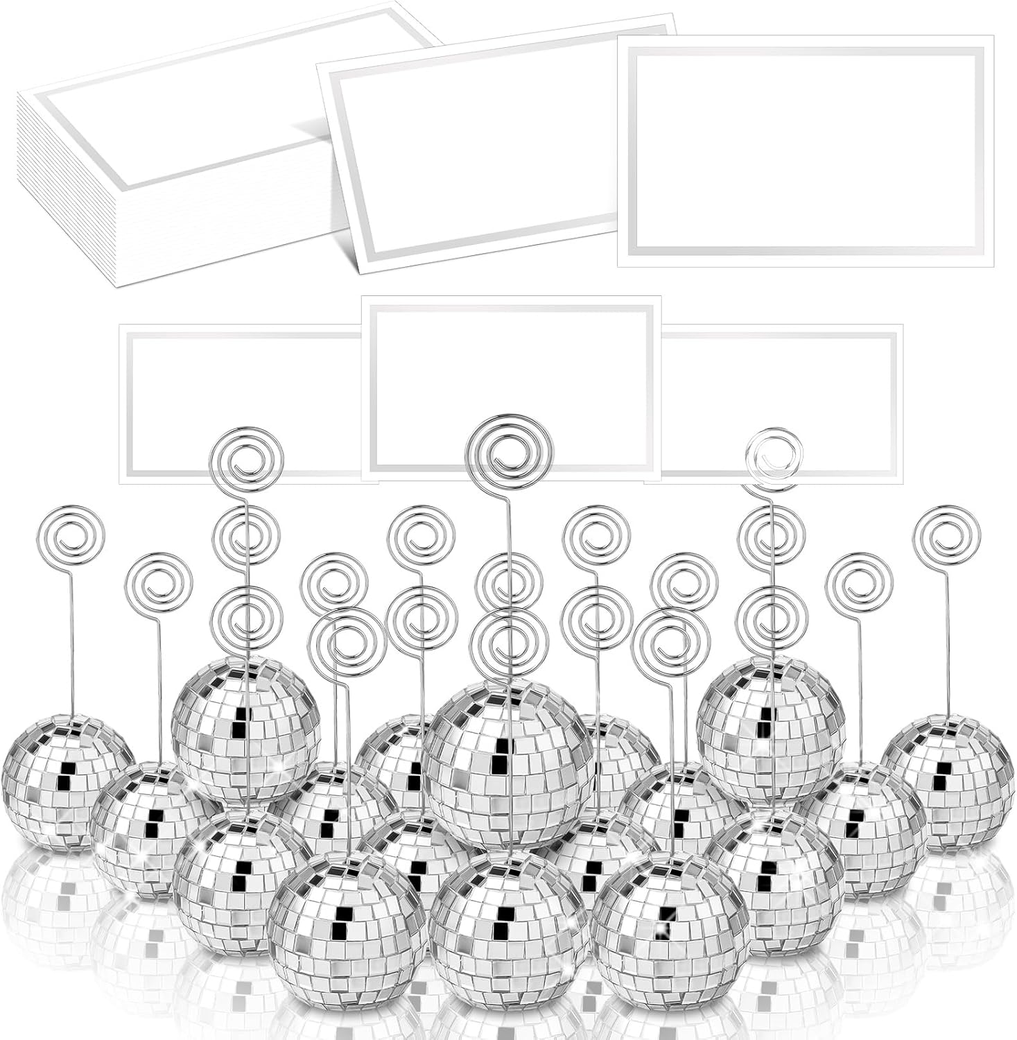 Uiifan 60 Pcs 2 Inch Disco Ball Card Holder Picture Photo Table Number Name Card Silver Place Holders Stands Disco Ball Stands with Swirl Wire for Display Menu Wedding Party Birthday