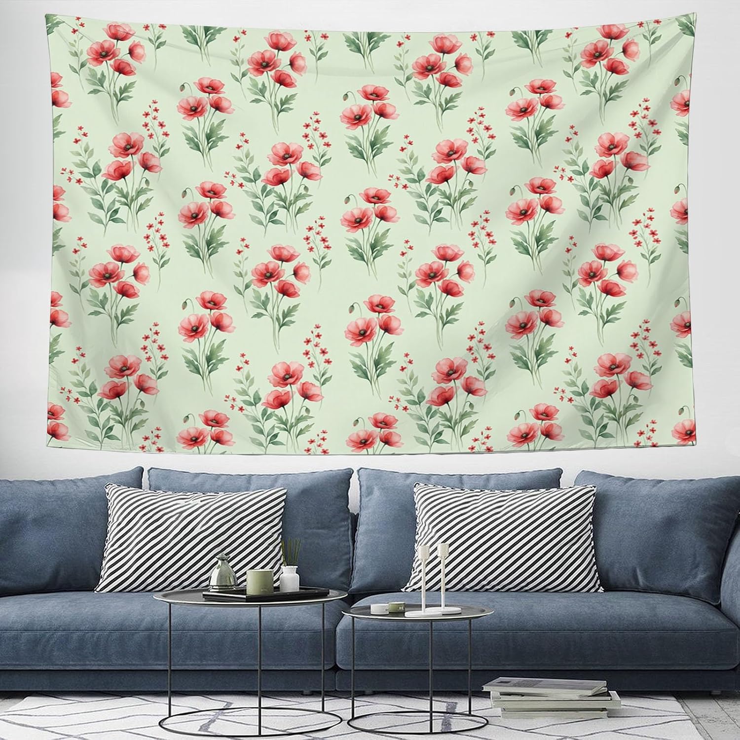 JRISEMECY Rural Poppy Flower Petals Tapestry Wall Hanging, Sage Green Wall Art | Fresh Watercolor Plants Room Decor For Bedroom, Dorm, Funny Aesthetic Decoration For Teens And Adults, 40 X 30 Inch image 2