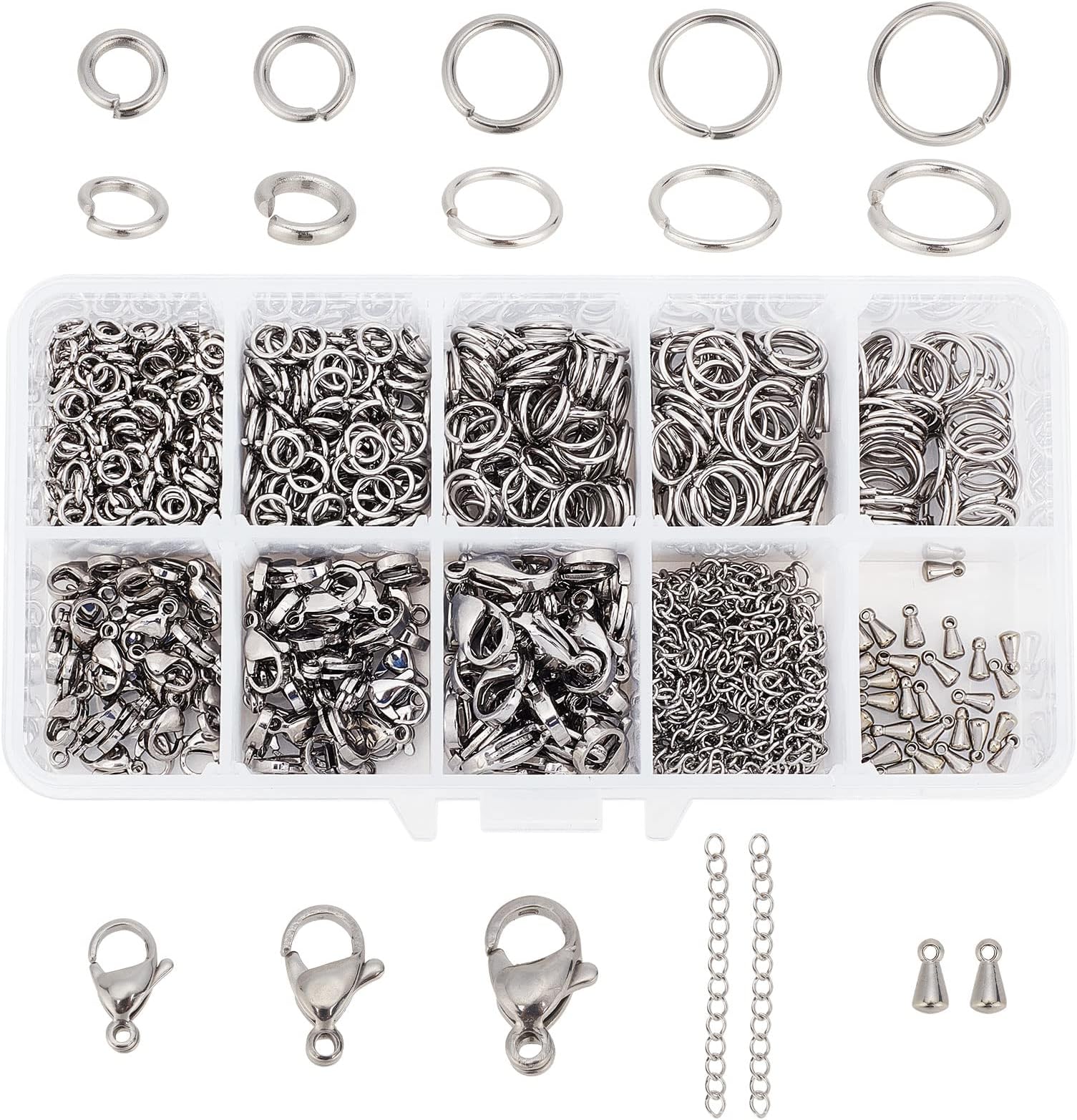 PH PandaHall 830pcs Jewelry Making Findings Stainless Steel, 680pcs 5 Styles Jump Rings 90pcs 3 Styles Lobster Claw Clasps 30pcs 40mm Extender Chains 30pcs Chain Drop for DIY Bracelet Necklace