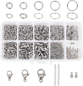 PH PandaHall 830pcs Jewelry Making Findings Stainless Steel, 680pcs 5 Styles Jump Rings 90pcs 3 Styles Lobster Claw Clasps 30pcs 40mm Extender Chains 30pcs Chain Drop for DIY Bracelet Necklace
