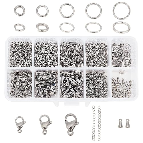 PH PandaHall 830pcs Jewelry Making Findings Stainless Steel, 680pcs 5 Styles Jump Rings 90pcs 3 Styles Lobster Claw Clasps 30pcs 40mm Extender Chains 30pcs Chain Drop for DIY Bracelet Necklace