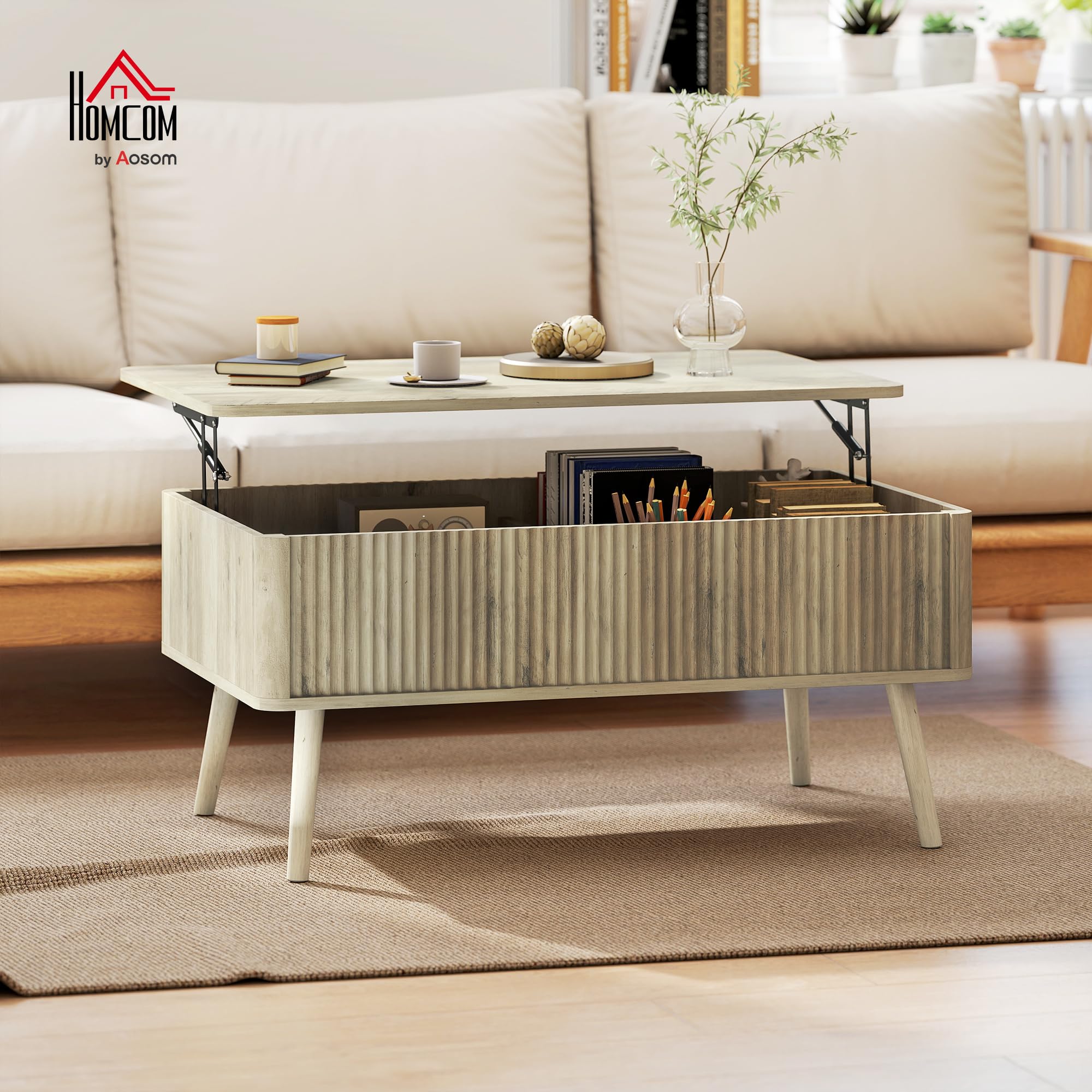 HOMCOM Table Basse Relevable 2 Compartiments Cachés 91 x 56 x 43 cm Chêne