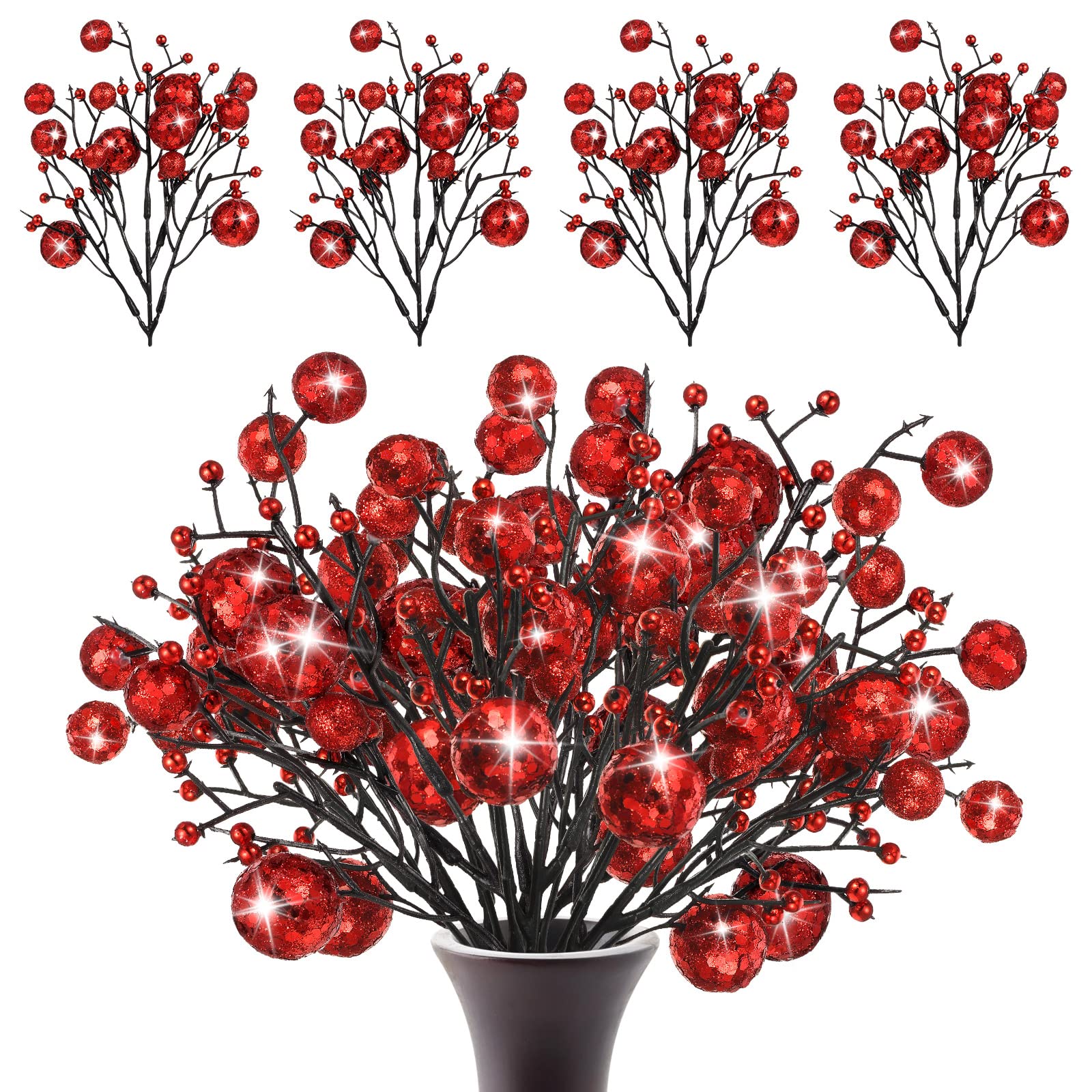 Geosar 24 Stück Weihnachten Glitzernde Beeren Zweige Weihnachten Beeren Picks Künstliche Glitzernde Beeren Ornamente Blumenstiele für Weihnachtsbaum, Haus Kranz, Party Dekoration (Rot)