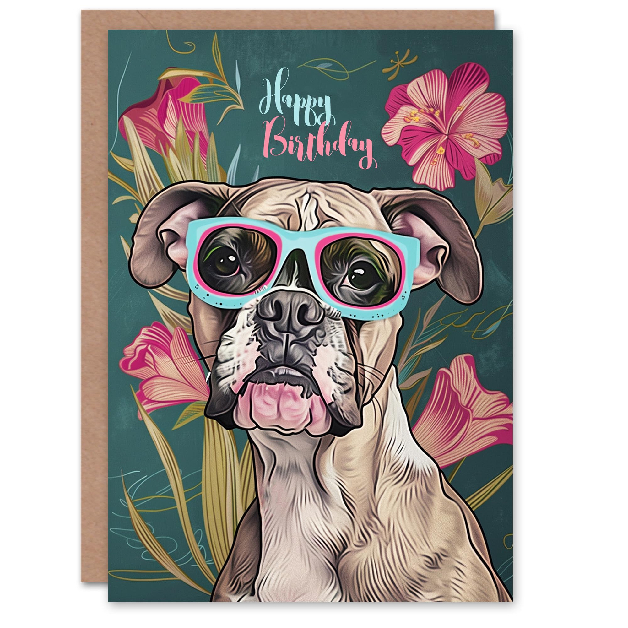 Artery8 Birthday Card Boxer Dog Lover Sunglasses Floral Portrait For Her Gran Sister Niece Daughter Wife Woman Greeting Card
