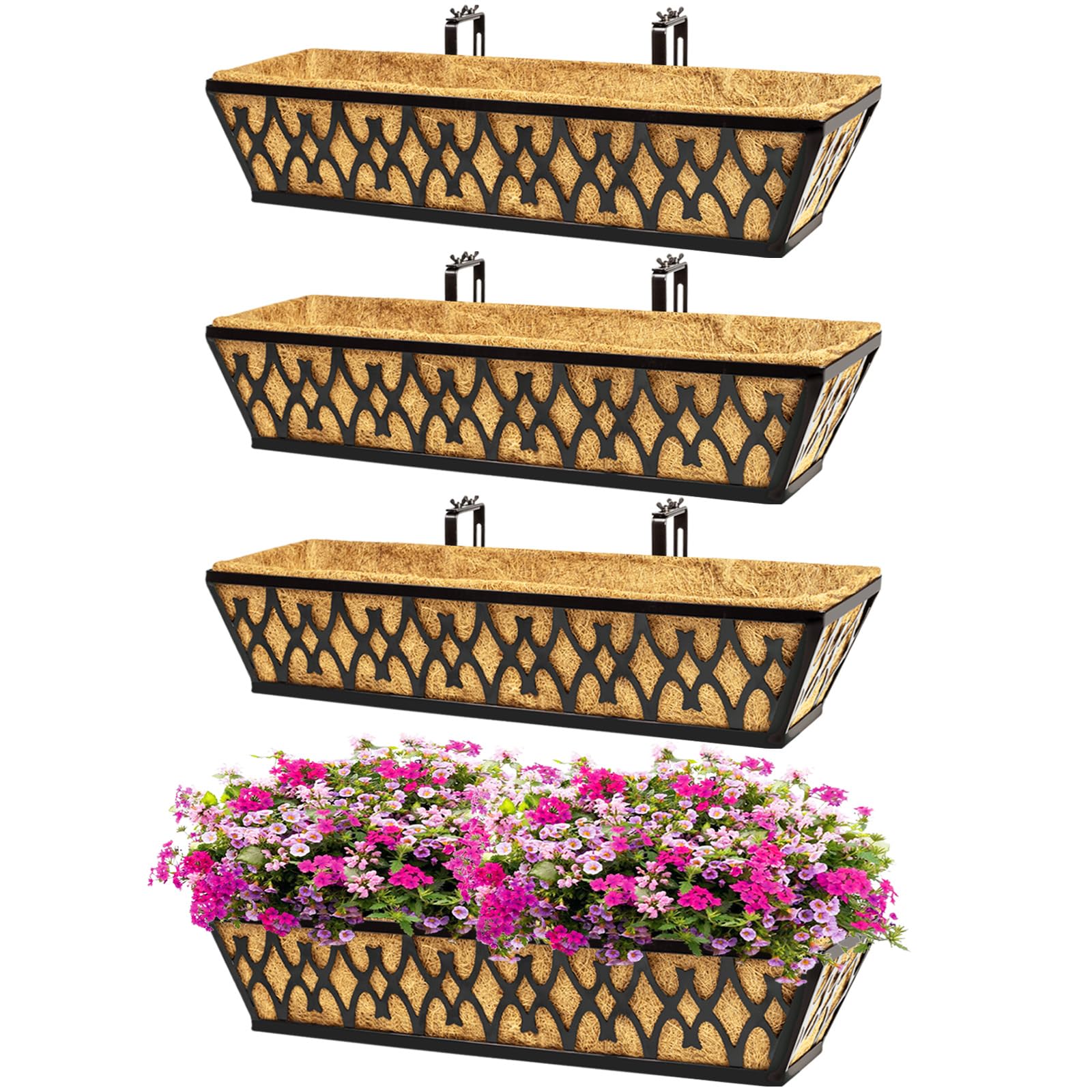 Hanging Railing Planter LaLaGreen Deck Railing Planter Box (17 Inch, 8 Pack) Large Black Metal Window Flower Boxes Outdoor, Hanging Planters Plant Holder Fence Rail Bucket Boho Style Wall Mount Outside Patio