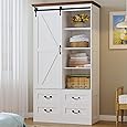 GarveeHome Wood Armoire Wardrobe Closet with 4 Drawers and Door, 43.3" H Bedroom Wardrobe Cabinet with Hanging Rod, Clothing Storage Cabinets, 4 Drawers Dresser with Storage Closet, Natural Oak