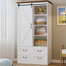 GarveeHome Wood Armoire Wardrobe Closet with 4 Drawers and Door, 43.3" H Bedroom Wardrobe Cabinet with Hanging Rod, Clothing Storage Cabinets, 4 Drawers Dresser with Storage Closet, Natural Oak