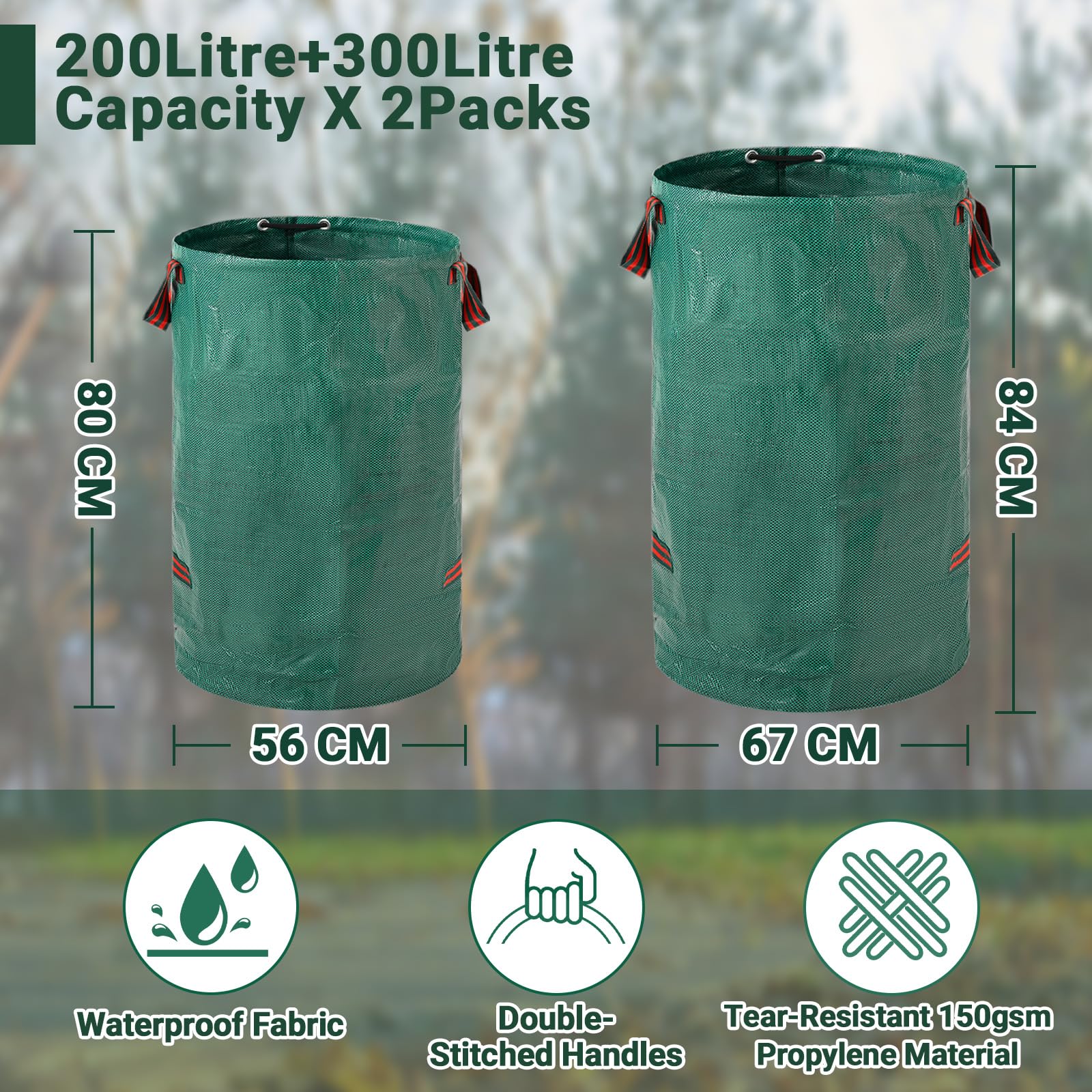 Velway Trwałe worki na odpady ogrodowe - 200 l + 300 l wielokrotnego użytku worki ogrodowe z uchwytami - tkanina przemysłowa na odpady liści gruzu