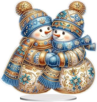 Yimofy DIY Two Snowmen Diamond Painting Desktop Ornament Kits, Double Sided Acrylic Christmas Snowman Tabletop Decoration Diamond Art Painting Kit for Adults Snowmen