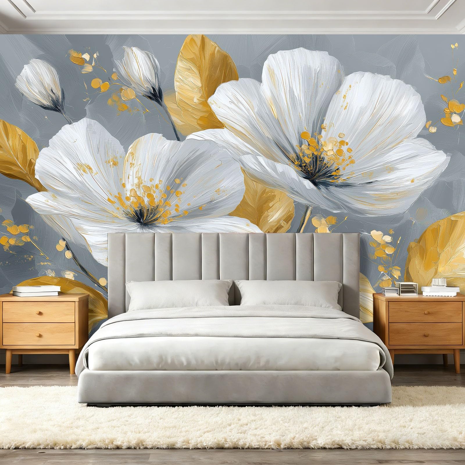 Fototapeta 350 x 256 cm ściany dekoracja salonu design elegancja rośliny kwiaty obraz olejny do sypialni salonu tapeta z włókniny, złoty szary