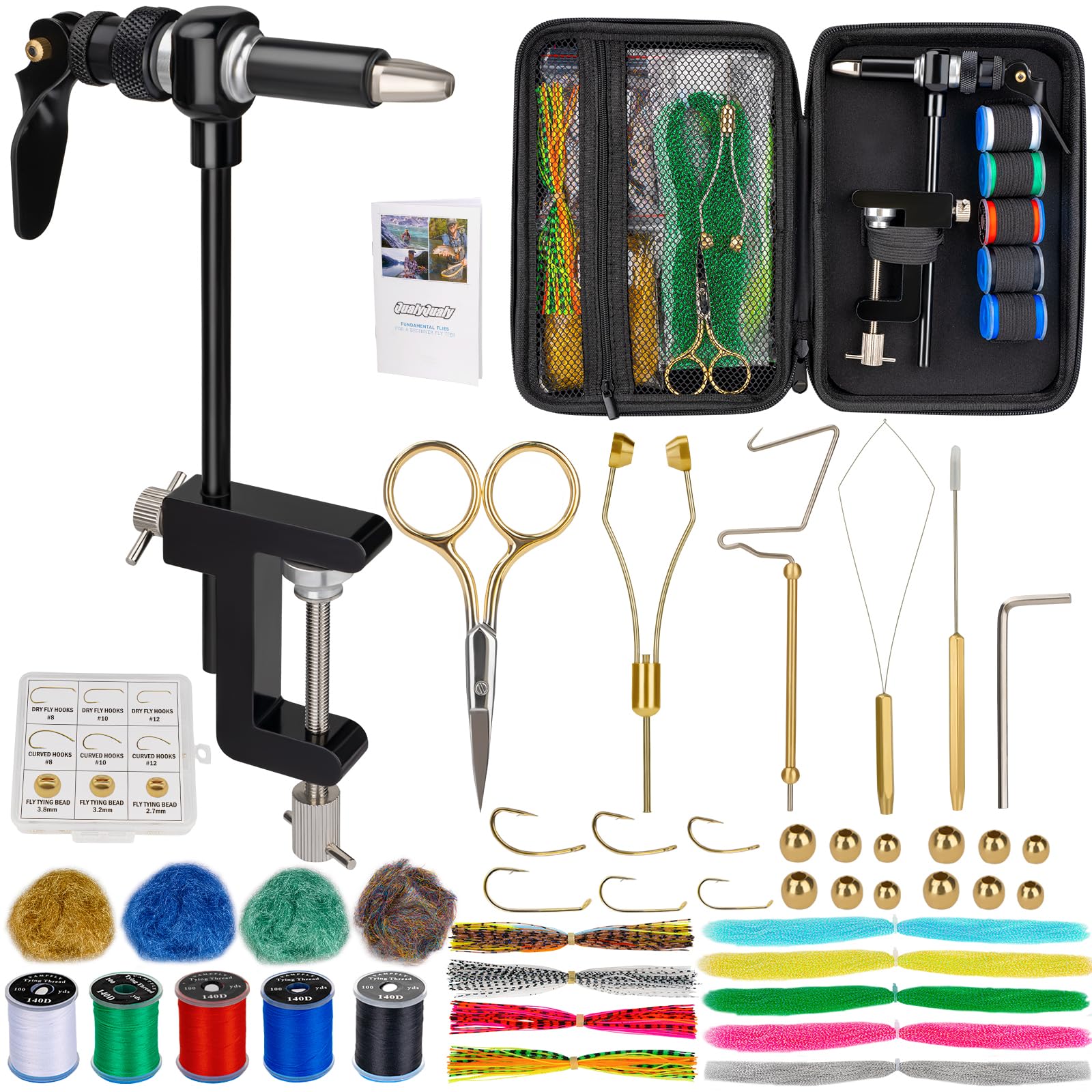 QualyQualy Fly Tying Vise & Tools Kit, Complete Set with Bag Include Fly Tying Vise Bobbin Essential Fly Tying Tool Kit for Beginners & Experts