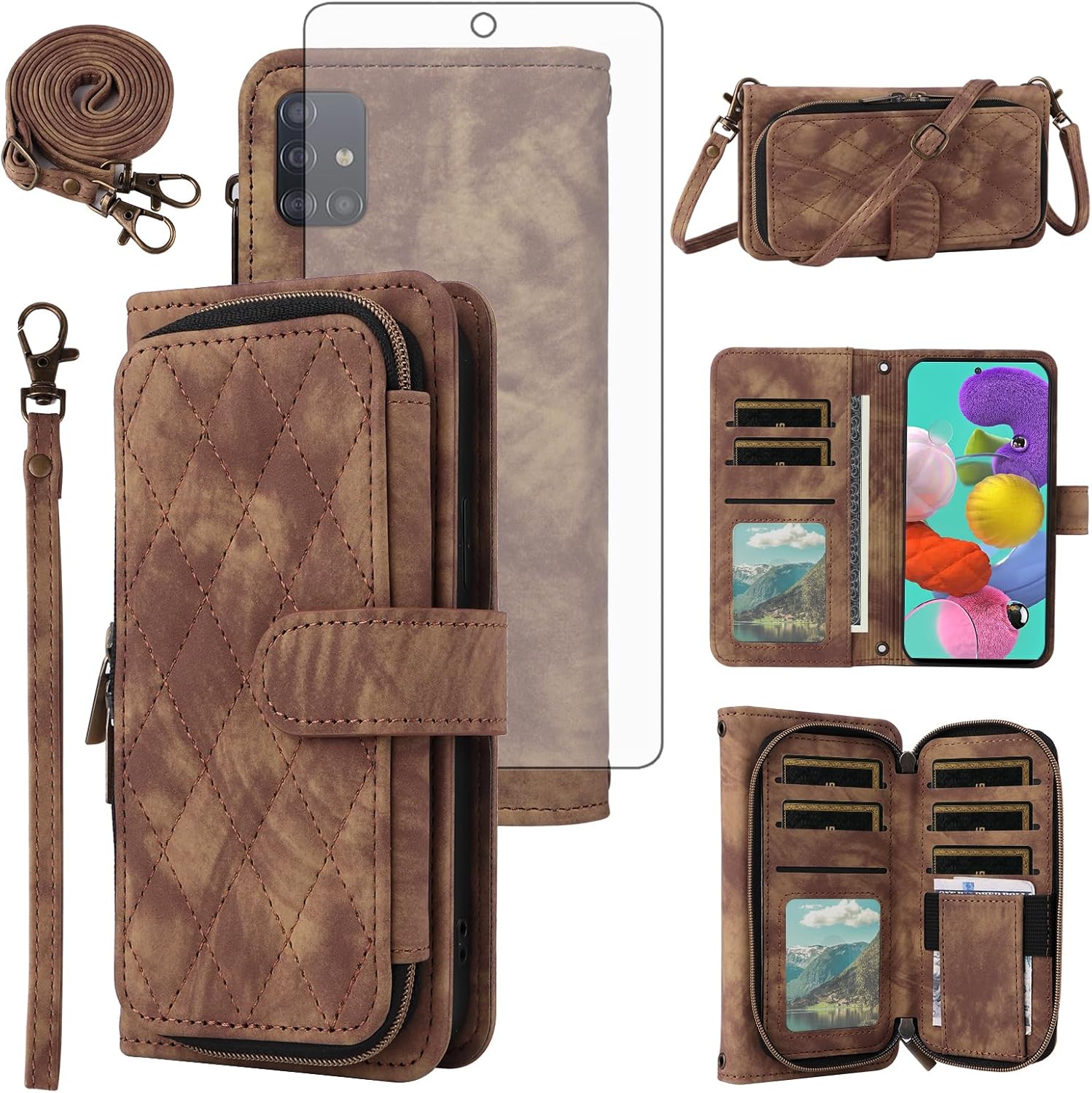 Phone Case for Samsung Galaxy A51 4G Wallet Cell Cover with Tempered Glass Screen Protector Crossbody Lanyard Strap Flip Stand Zipper Purse Card Holder Slot A 51 M40S 51A A515F S51 Women Men Brown