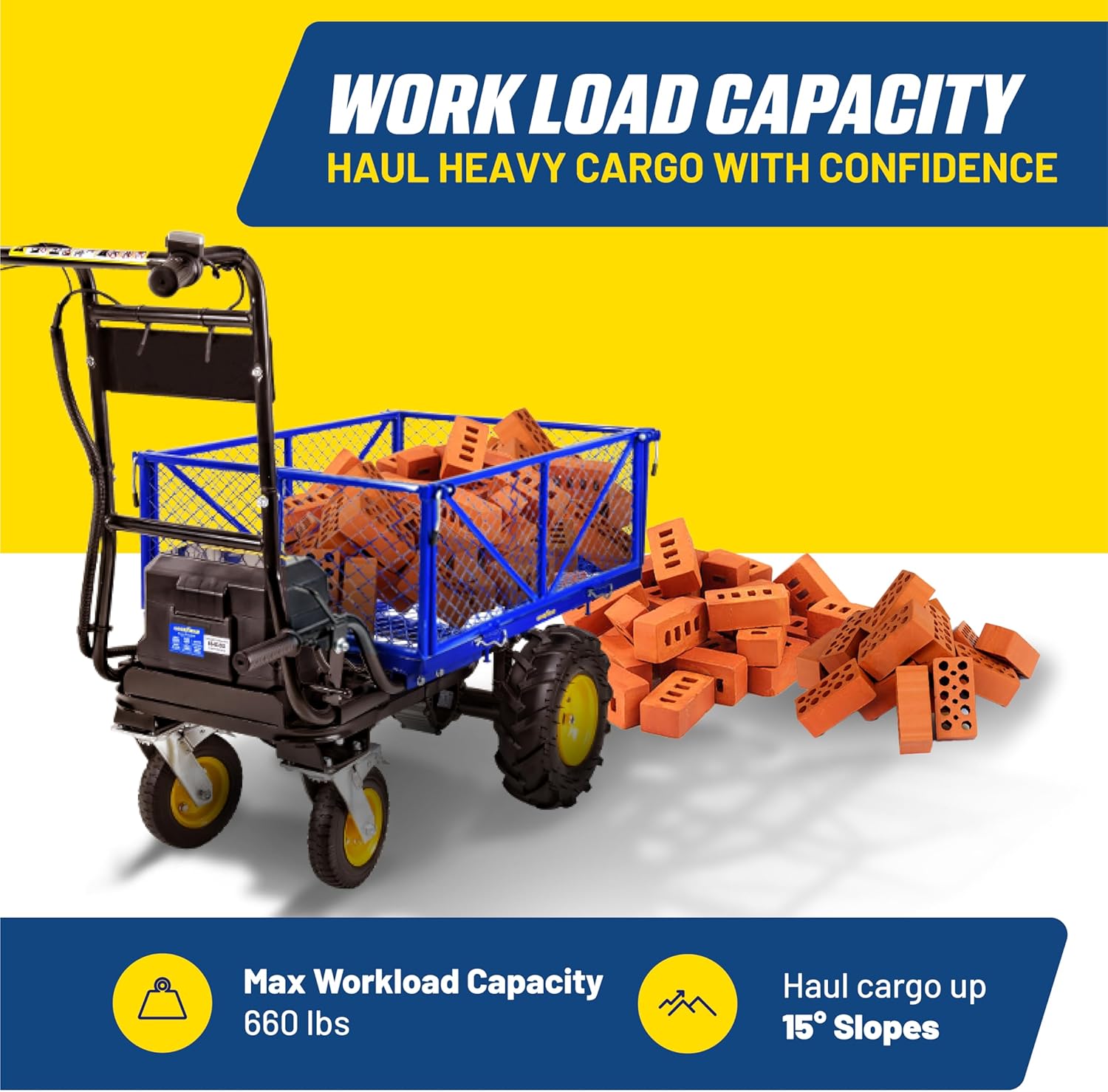 Goodyear Utility Service Cart Power Wagon Wheelbarrow Electric 48V DC Li-Ion Powered 660Lbs Load and 1000Lbs+ Hauling Capacity Farm and Garden All Purpose Modular Cargo Bed