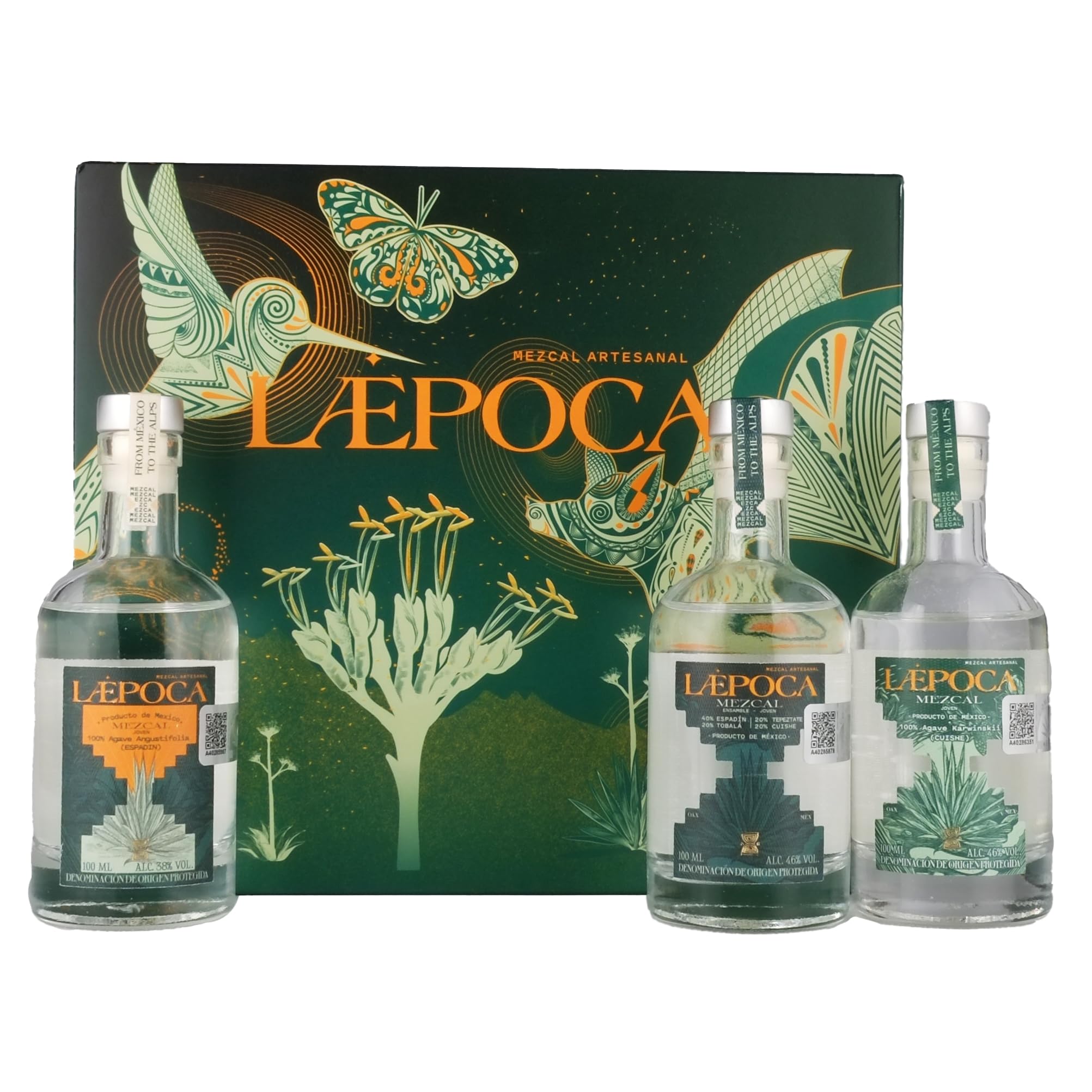 LÆPOCA Mezcal Premium Tasting-Set | Von Mexiko in die Alpen | Handgefertigt | 3 x 100 ml | Espadin 38% vol. | Ensamble 46% vol. | Cuishe 46% vol. | Mezcal of the Year 2023