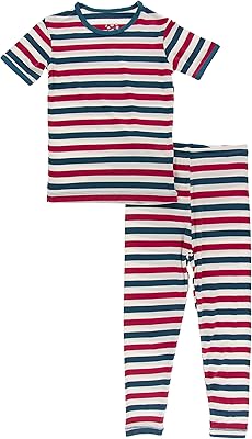 KicKee Pants 4th of July Pajamas Set, Vintage Stars and USA Stripe, Short Sleeve, Long Pants, Snug Fit Pajamas