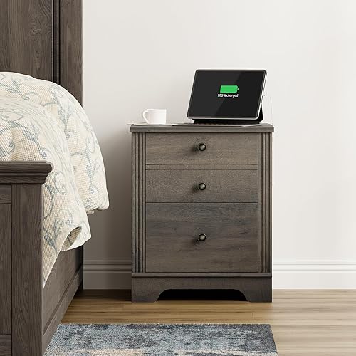 WAMPAT Mesita de noche con estación de carga, mesa auxiliar de 18 pulgadas con 2 cajones, mesa auxiliar moderna con almacenamiento, mesitas de noche