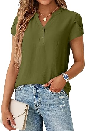 Lepunuo Womens Dressy Casual Henley Tops Summer V Neck Business Work Shirts Cap Sleeve Blouses Vacation
