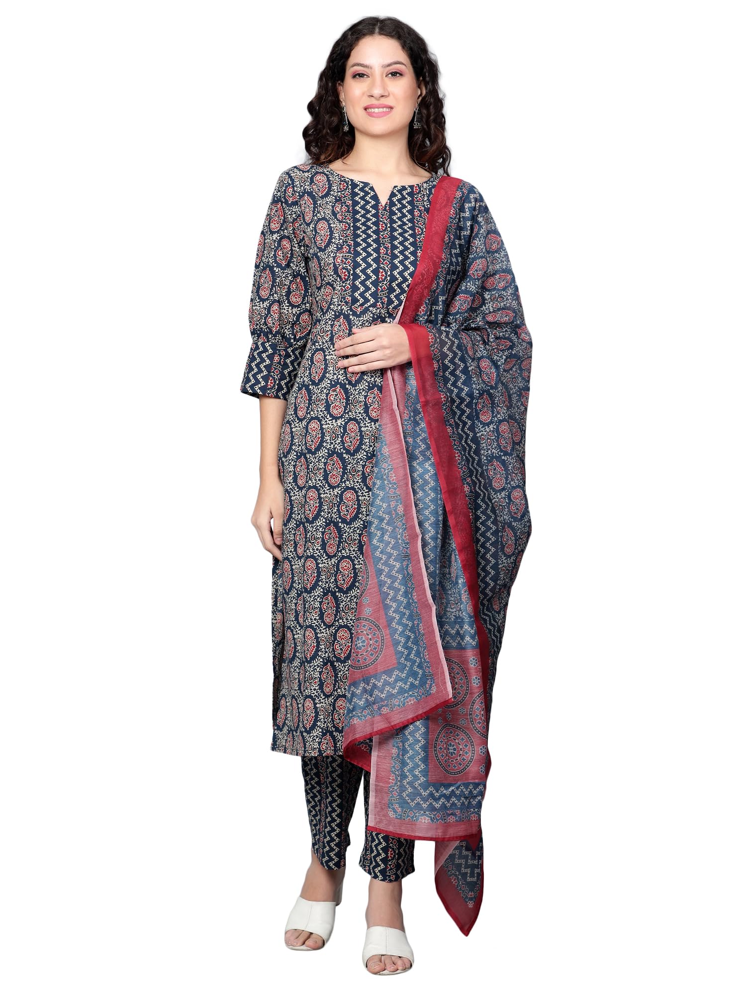 Idalia Womens Ethnic Wear Pink Printed Straight Cotton Kurta Set With Dupatta For Women (Indigo Blue, Small)