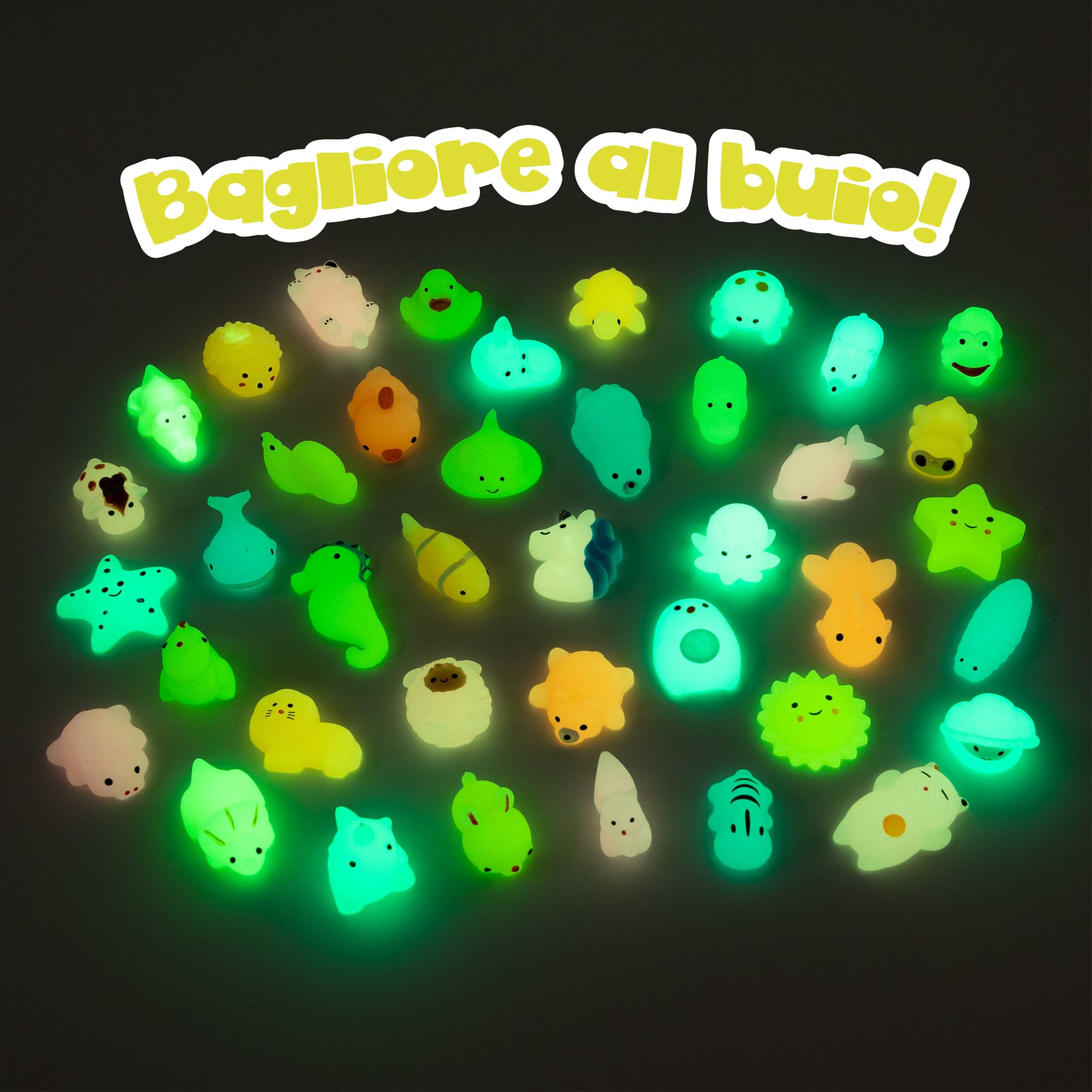 BONNYCO Squishy Piccoli Gadget Compleanno Bambini, Pack 40 Mini Giochi. Regalini Fine Festa Compleanno Bambini che si Illuminano al Buio, Regalino Fine Festa Dopo Invitati. Mochi Kawaii Gadget