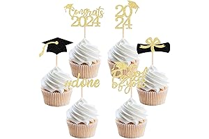 2024 Graduation Cupcake Toppers, Gold Glitter Double-Sided Grad Cap Cupcake Toppers