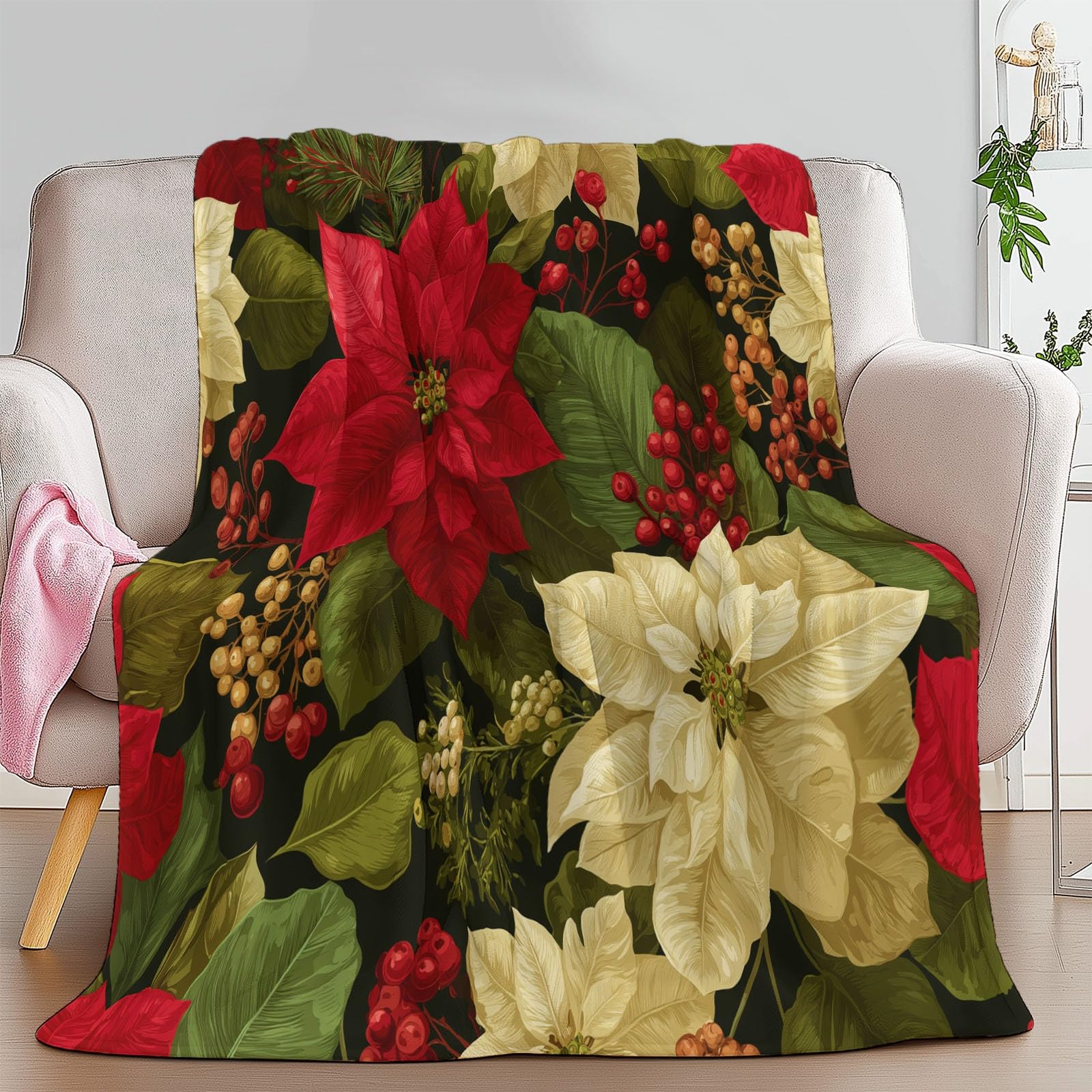 Estilo Retro Manta Estampada de Franela 180 x 220 cm, cálida y Suave Planta Flores Navideñas Manta Decorativa para Invierno Cama sofá y Sala de Estar
