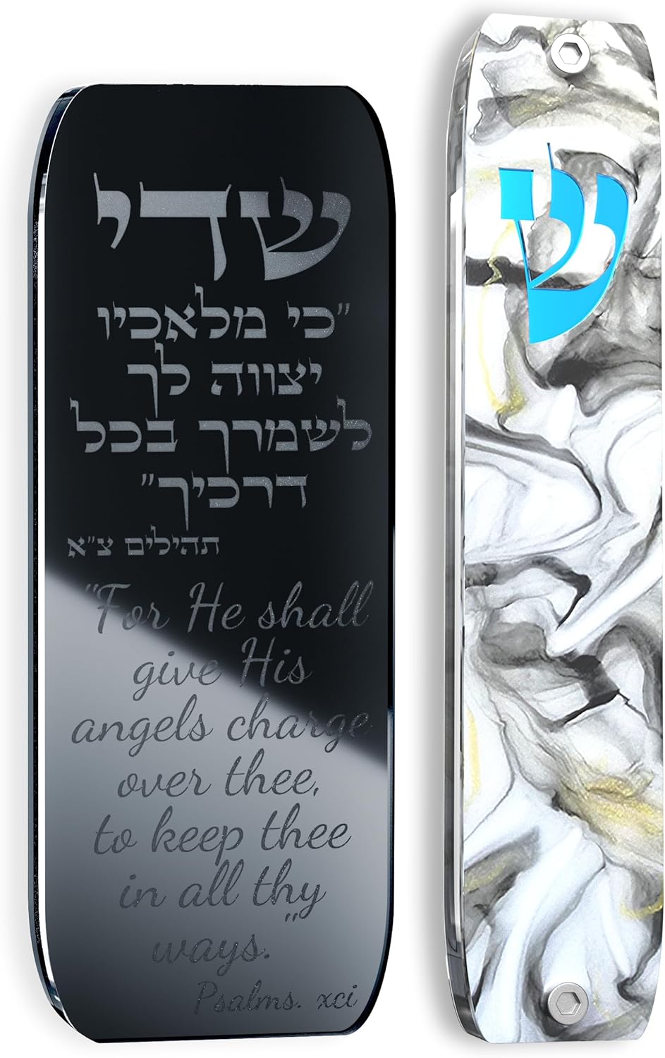 Car Mezuzah, Jewish Car Black Mezuzah for Auto with Travelers Prayer Without Scroll Engraved Blessing and Handmade Modern Mezuzah for Door Without Kosher Classic Style White Marble