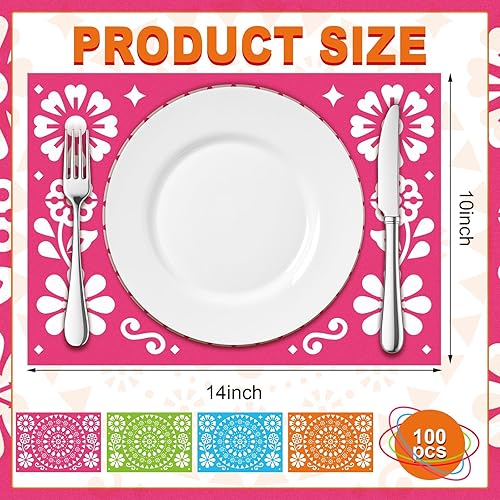 Miniatura 3 de 100 manteles individuales desechables de papel mexicano para fiestas, manteles individuales de Picado Cinco de Mayo, a granel para mesa de comedor,