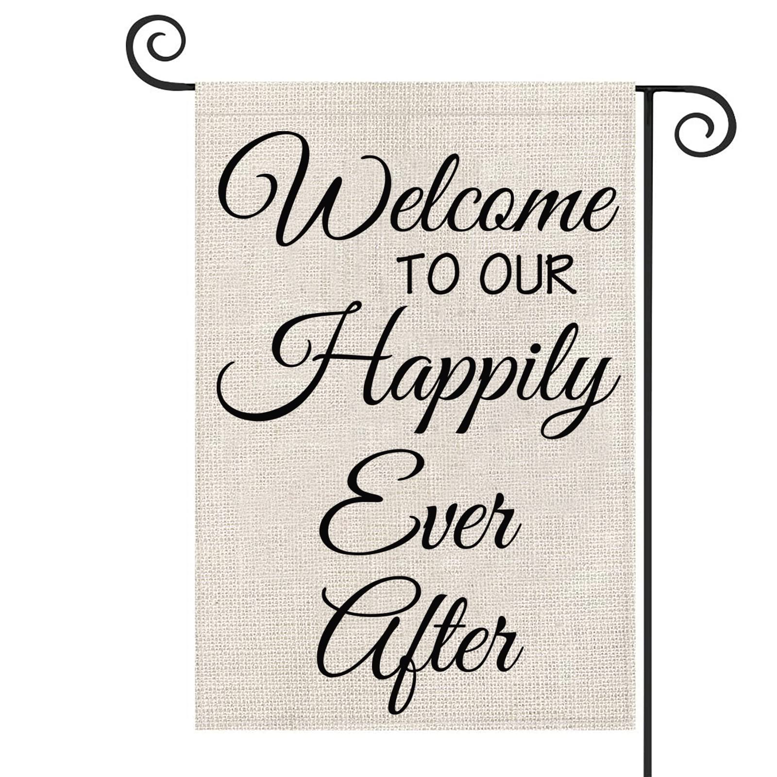 WCGXKO Newlyweds Gift Welcome to Our Happily Ever After House Flag, 12 x 18 inches, Double Sided, Polyester, Weather Resistant, Holidays, Wedding, Unisex, 1PC