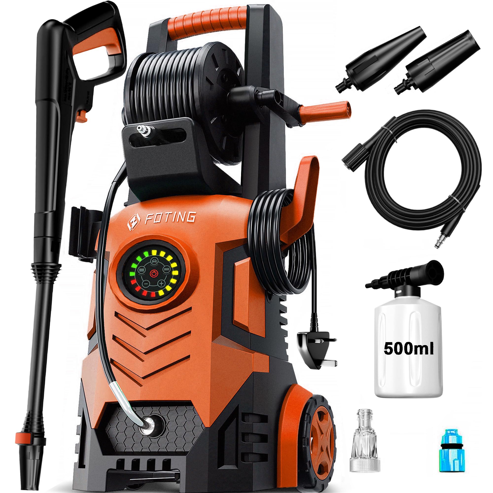High Pressure Washers w/ 8 Level Touch Screen 100-200bar, Flow Rate: 280-500l/h, Coverage: max. 60㎡/h, Foam Cannon and Adjustable 6-in-1 Nozzles, Jet Washer Power Washers for Patio/Car/Home Cleaning