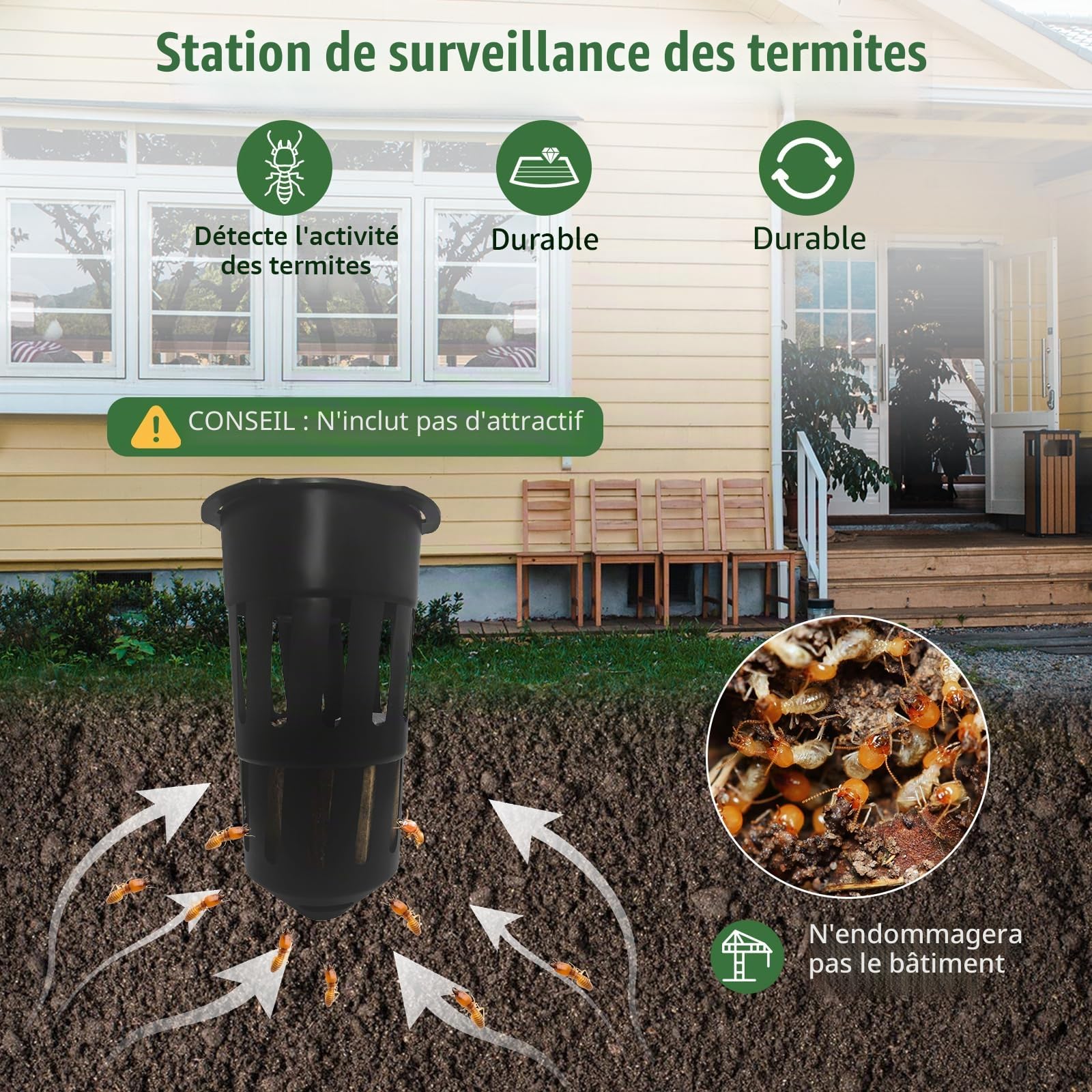 Lot de 6 stations d'appât de surveillance des termites, compatibles avec les appâts termites Trelona, blocs de bois inclus pour le jardin, les fermes, détecte l'activité des termites (pas de