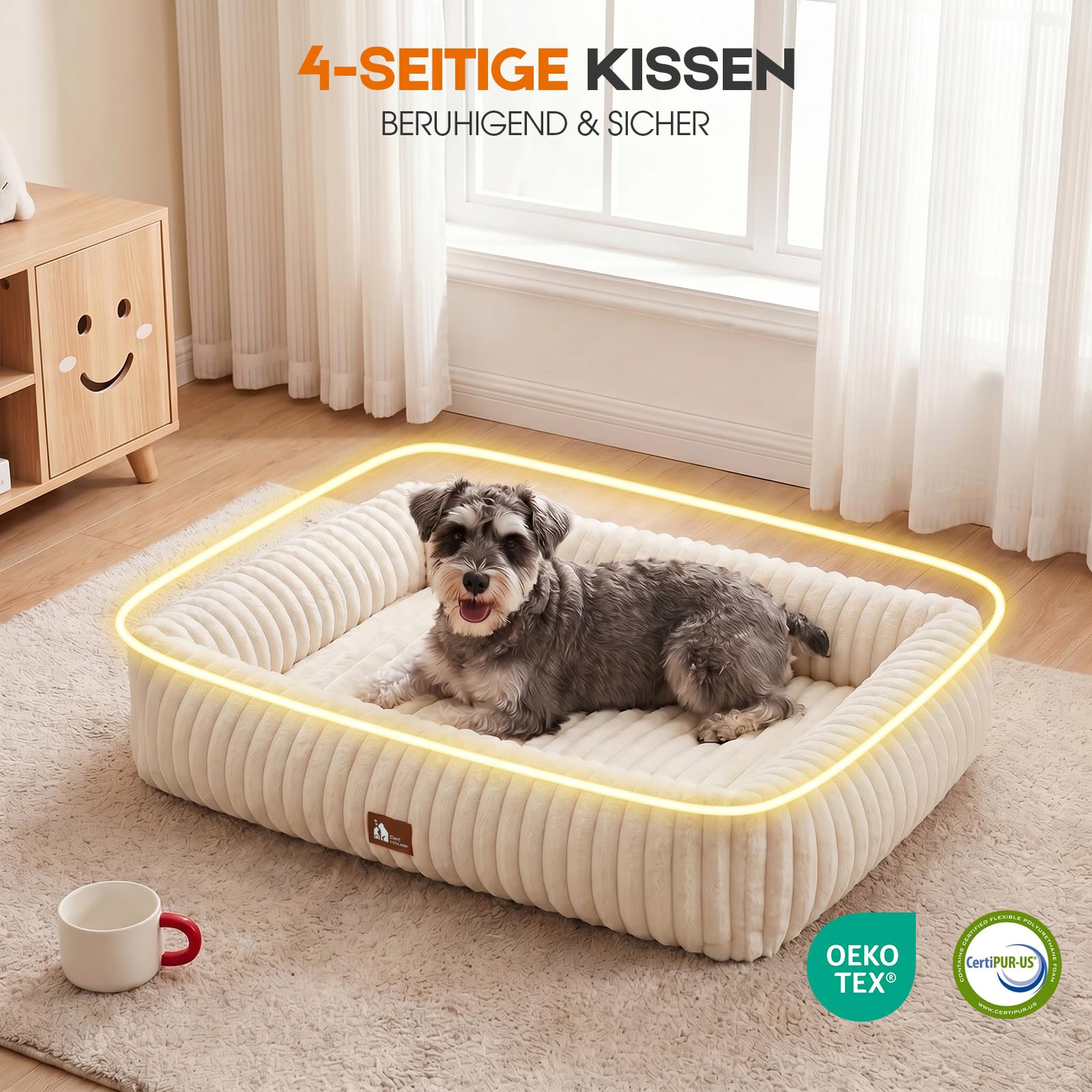 Upvilla Luxusweicher Hundekorb, Katzenbett, Super Weiches Hundebett kleine Hunde, 4-seitiges Nackenkissen, Abnehmbare Waschbare Hundematte, Hundesofa mit Griffen, Haustierbett (Beige, 64 * 53 * 18cm)