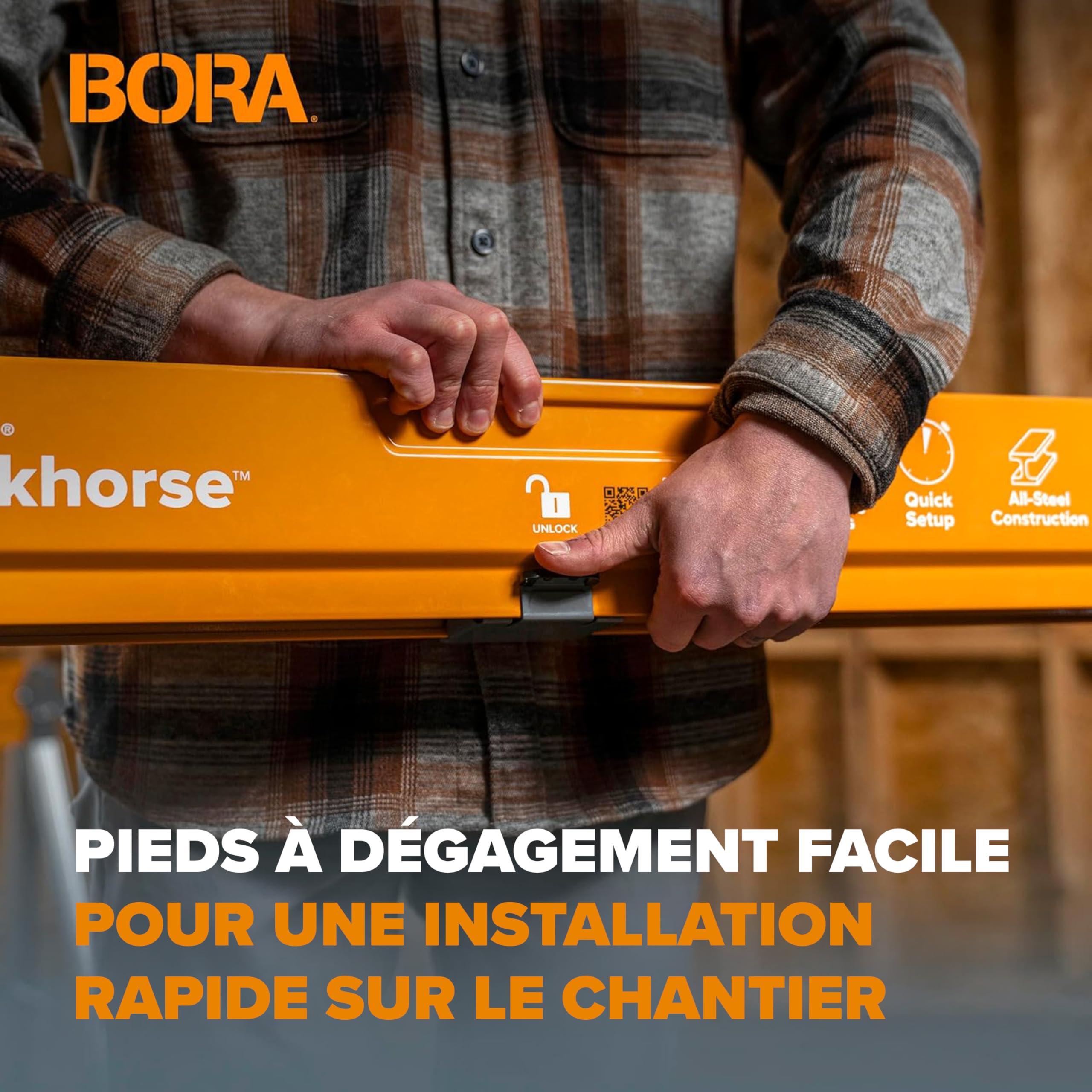 BORA Workhorse PM-3330T Lot de 2 chevalets de sciage pliables et robustes avec pieds réglables pour entrepreneurs et établi portable Orange