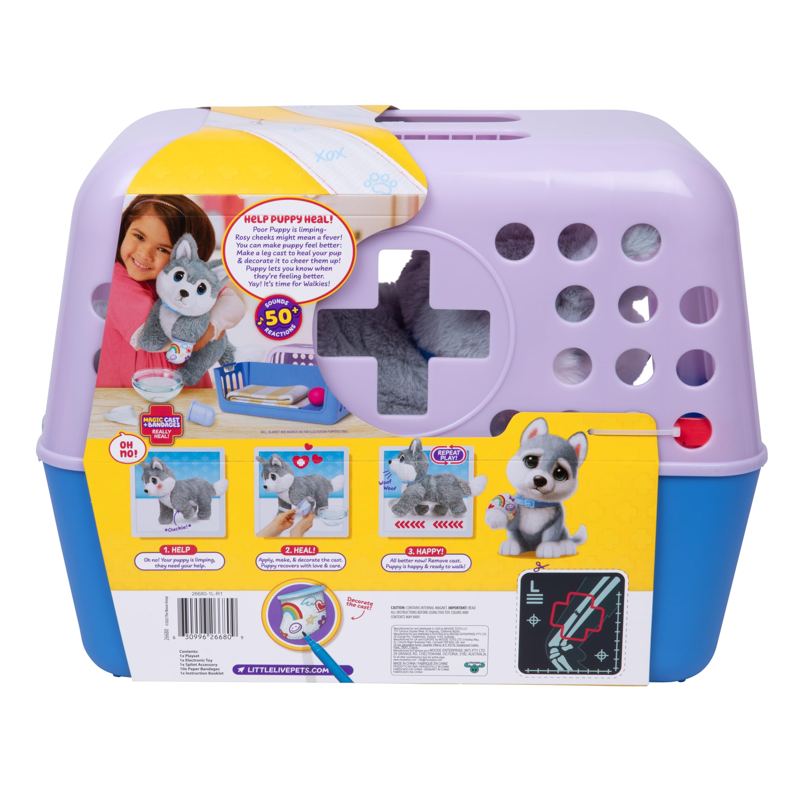 Little Live Pets Ouchies Aspen – Exclusivo Cachorro Husky Interactivo con más de 50 Sonidos y reacciones, Incluye Set de Veterinario y Bolsa de Transporte, a Partir de 4 años