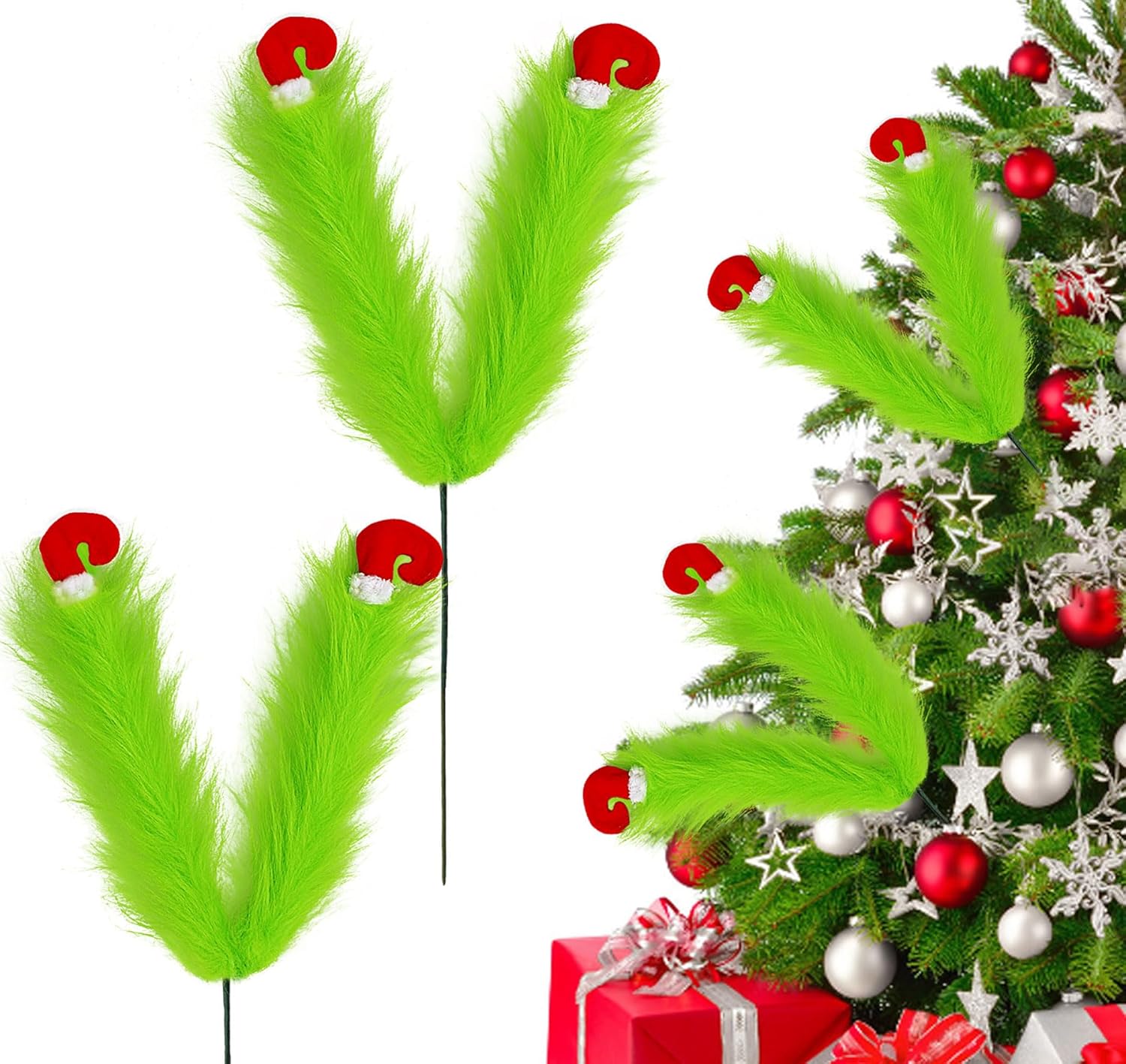 Vloso 2 Pcs Christmas Tree Picks 27 Inch,Green Furry Legs for Christmas Tree Topper