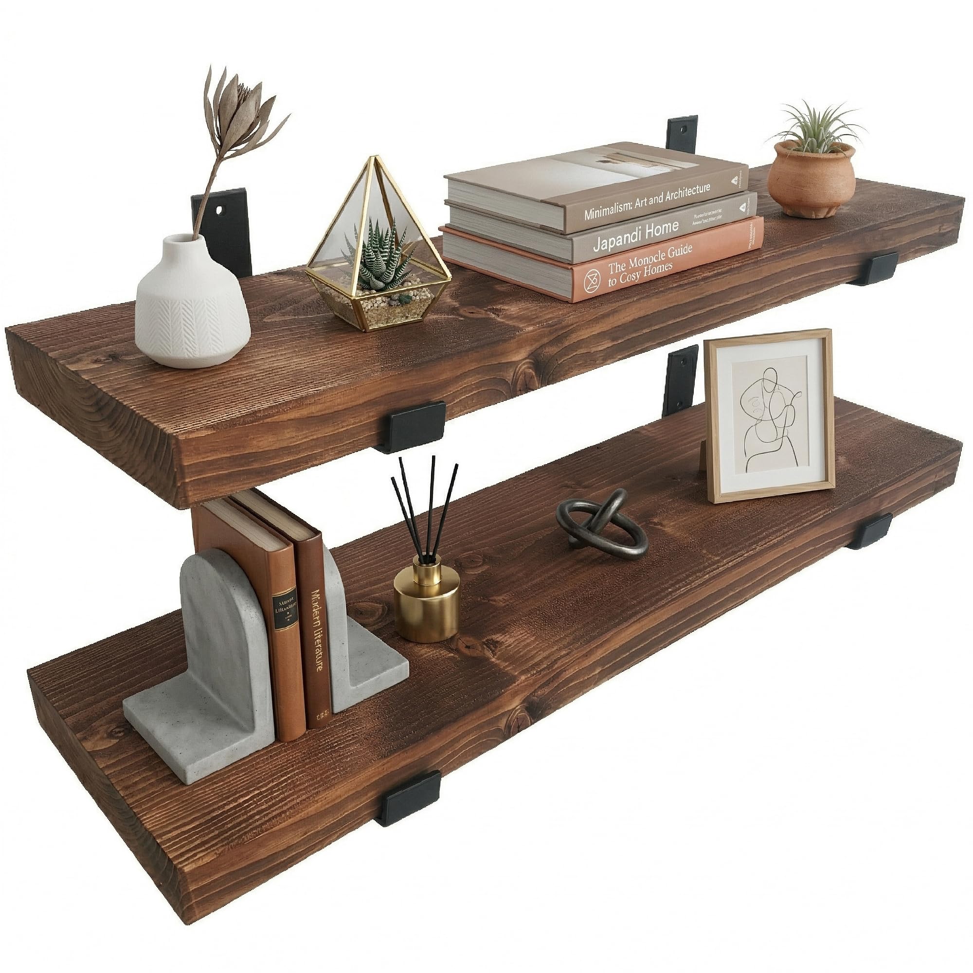 Top Notch Home & Living Pack of Two Handcrafted Rustic Wooden Wall Shelves, Incl 2 Up Brackets per Shelf, Wood Shelf Made in the UK from Solid Timber, Heavy Duty for Kitchen, Bathroom & Living Room โ image 1
