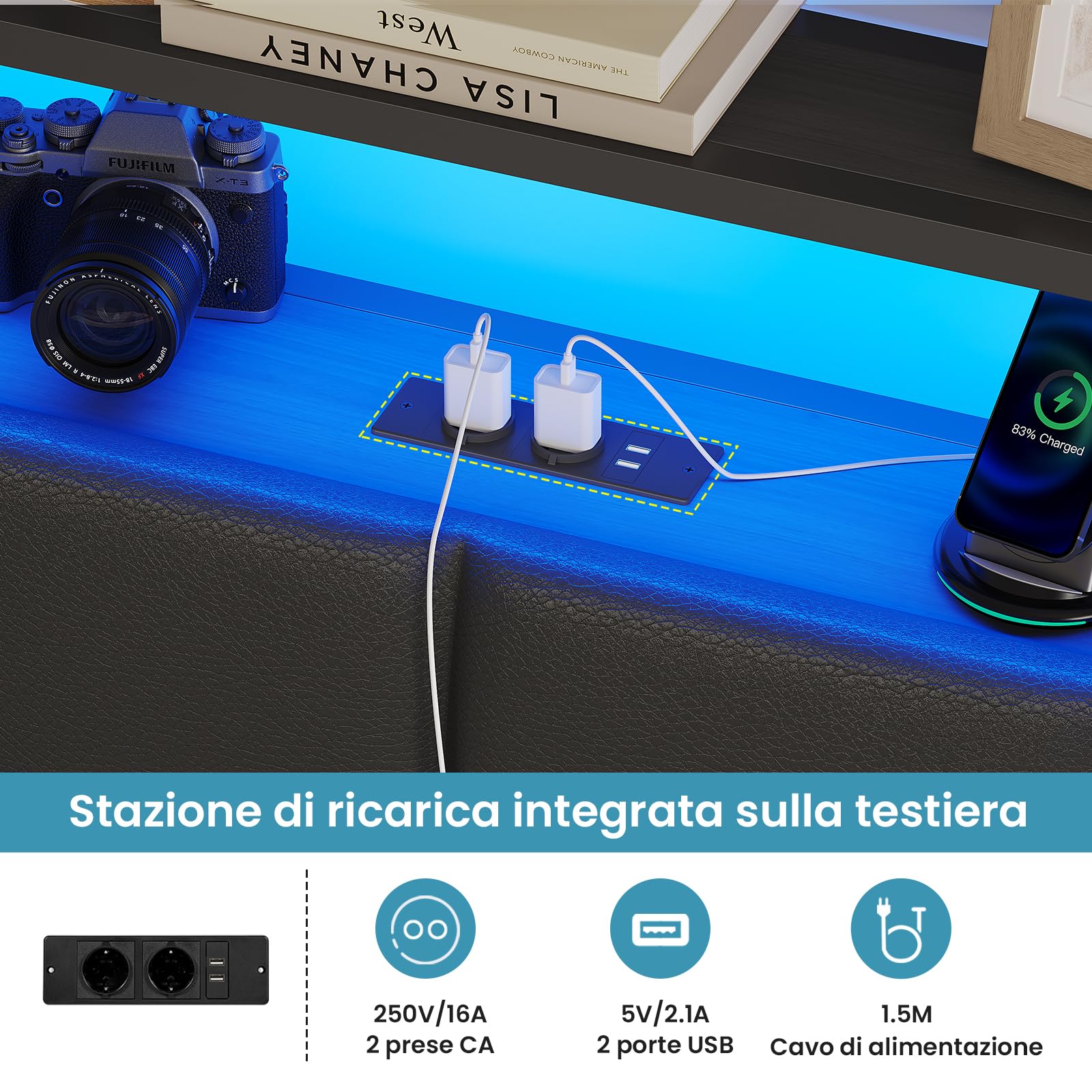 Brinlawb Letto Imbottito 160x200 cm, Struttura letto con Luce LED e Stazione di Ricarica (2 Prese CA 2 Porte USB) Letto Matrimoniale con testiera e pediera, Facile da montare, Moderno, Nero