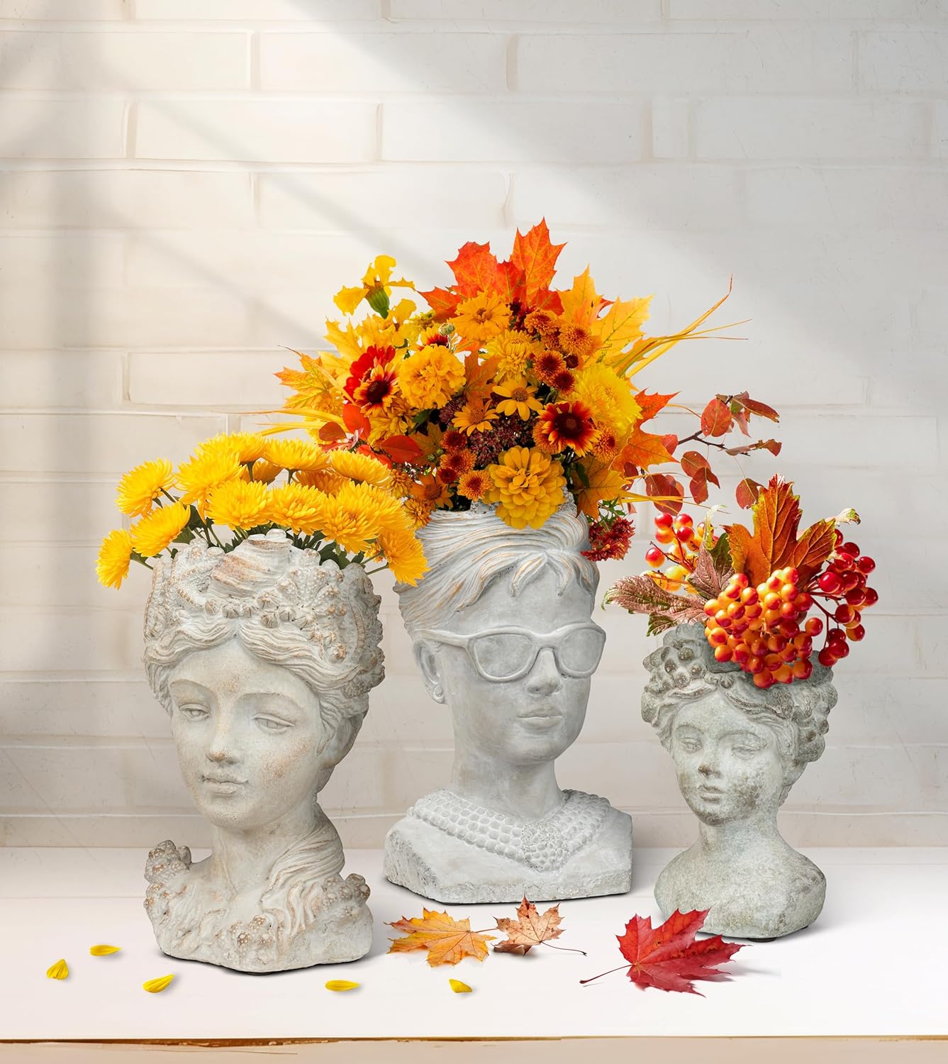 Abbott Collection Carmen Woman Head with Flowers and Fruits Cement Planter, Extra Small (7" H)