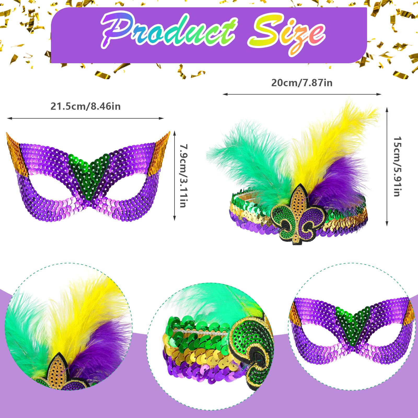 Hifot 7 Pieces Mardi Gras Costume Accessory Set for Women Tutu Skirts Mardi Gras Beads Carnival Headdress Mask Long Socks Carnival Costume - Image 2