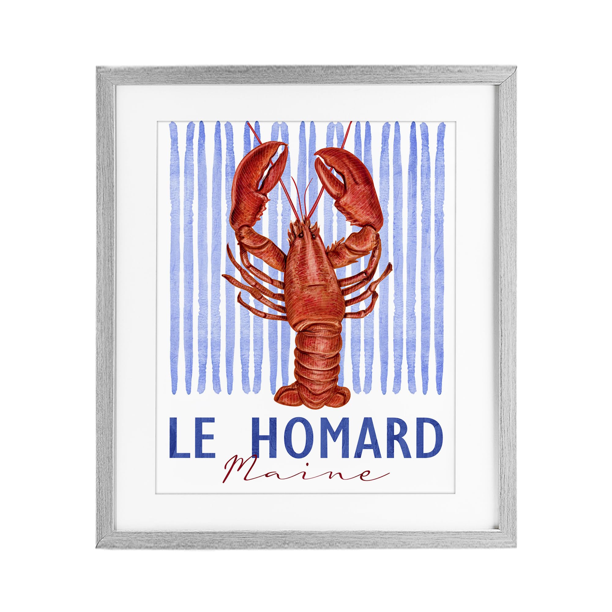 Stupell Industries Le Homard Maritime Lobster 'Le Homard Nautical Stripes', Framed Print Under Glass, Gray, 17 X 21 Inches, Easy To Hang And Sturdy, Made In Usa, By Kim Allen