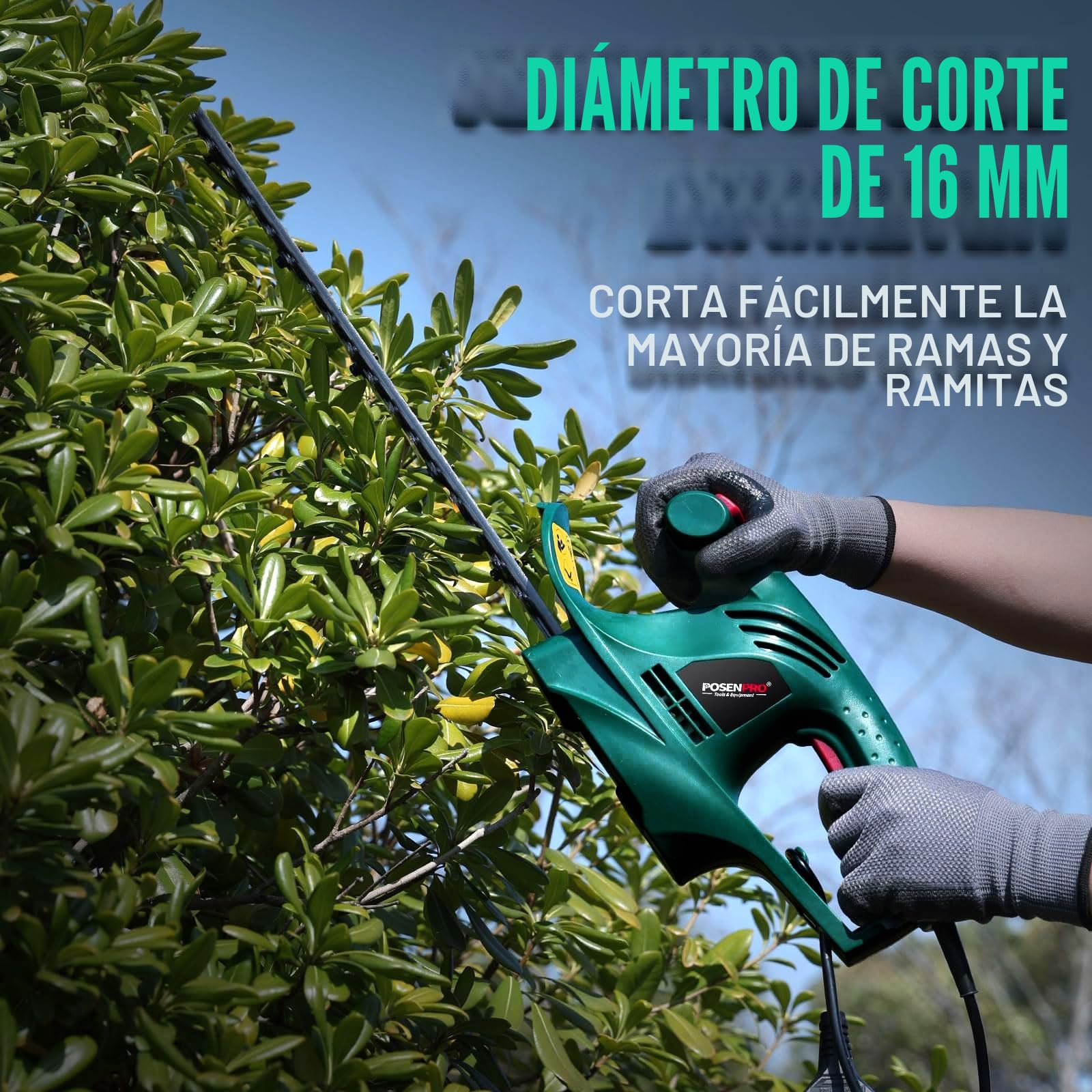 POSENPRO Cortasetos Eléctrico 450 W, Recortasetos eléctrico con Cable, Tijeras Cortasetos eléctrico, Longitud de la Cuchilla de 45 cm, Espacio Entre Dientes de 16 mm, Peso 2,0 Kg