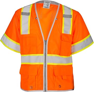 Kishigo Unisex High Visibility Reflective Premium Brilliant Series Heavy Duty Vest 1551, Zipper Closure, Polyester, ANSI 107 Type R / Class 3, Construction, Roadwork, Utility Orange, 5X